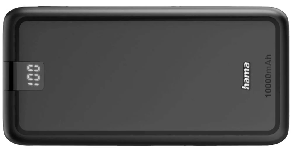 Czarny power bank Hama 10000mAh z cyfrowym wyświetlaczem pokazującym 100%.