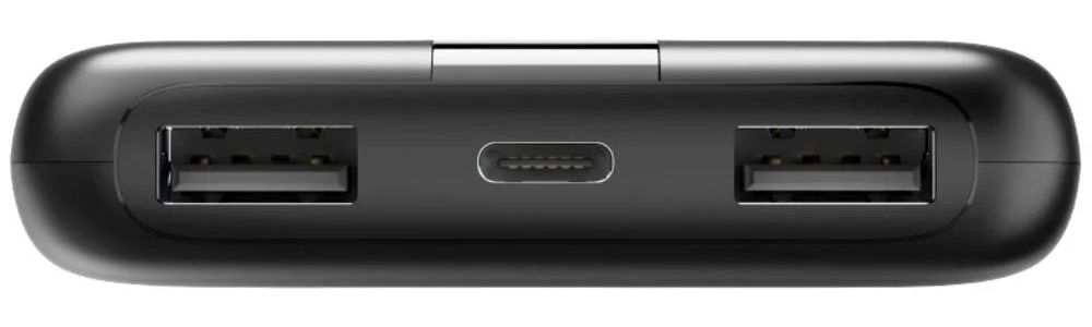 Czarny power bank z portami USB i Type-C.