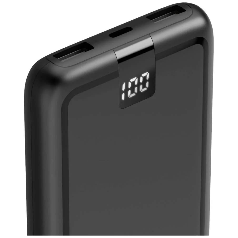 Czarny power bank z cyfrowym wyświetlaczem pokazującym 100% naładowania.