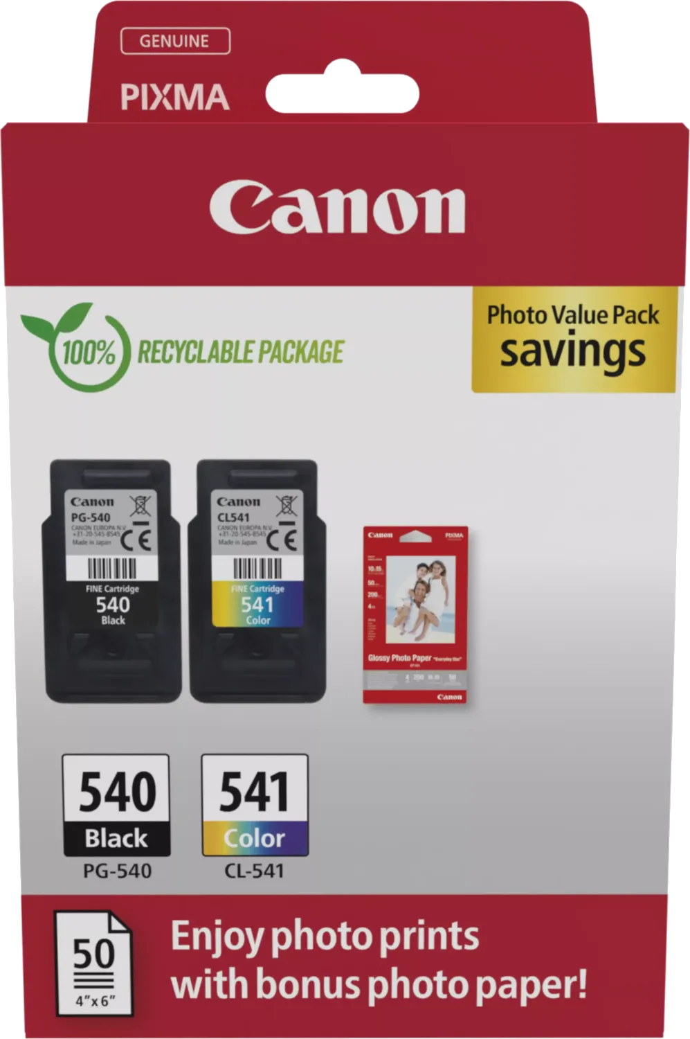 Canon Tintenpatronen, schwarz und farbig, mit Bonus-Fotopapierpackung. Verpackung ist rot.