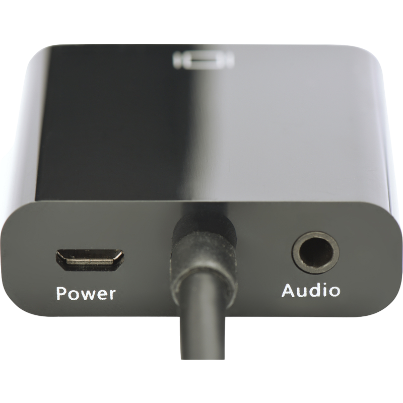 Nahaufnahme eines schwarzen Geräts mit Strom- und Audioanschlüssen und einem angeschlossenen Kabel.