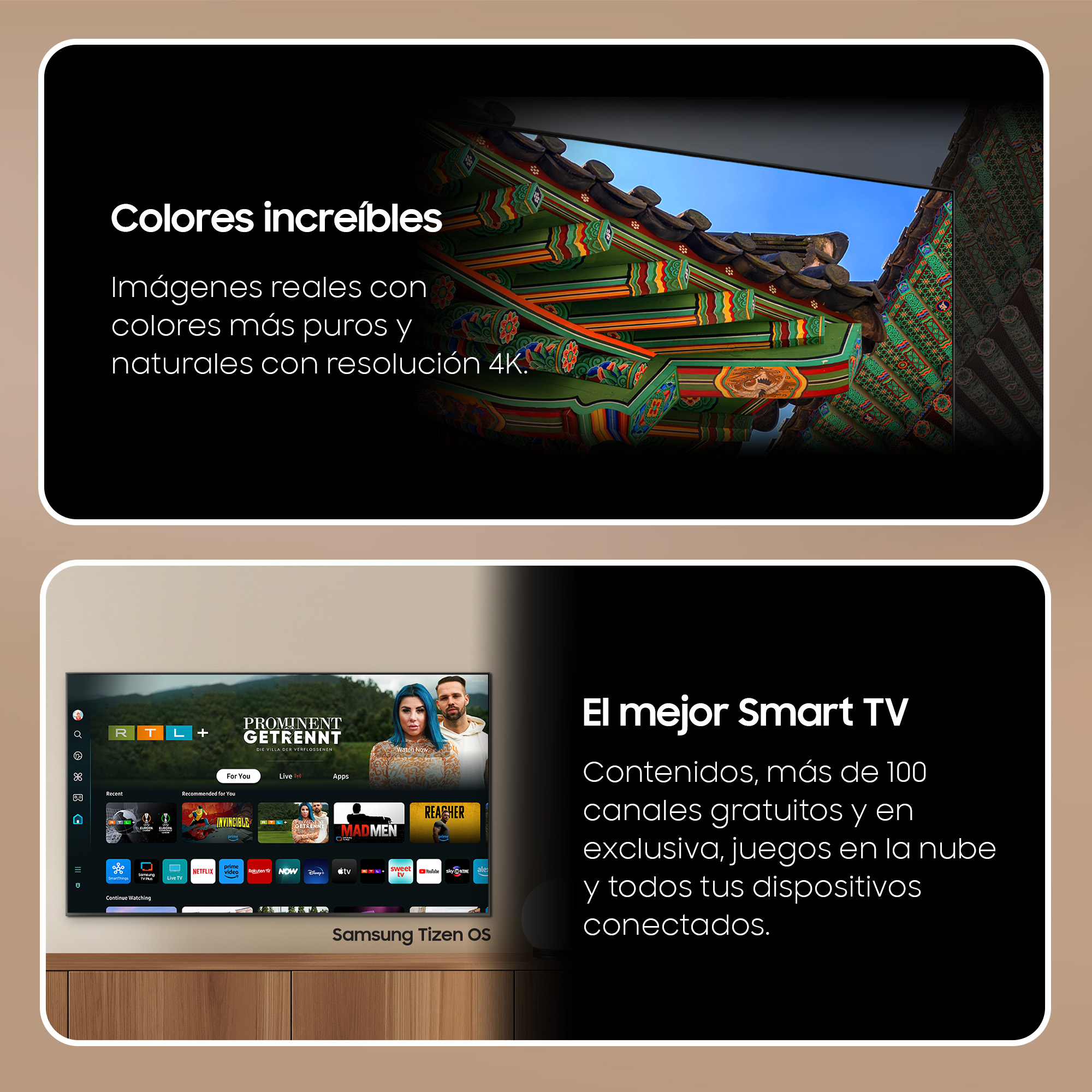 Dos pantallas, una con un edificio, otra con aplicaciones de TV. Fondo blanco.