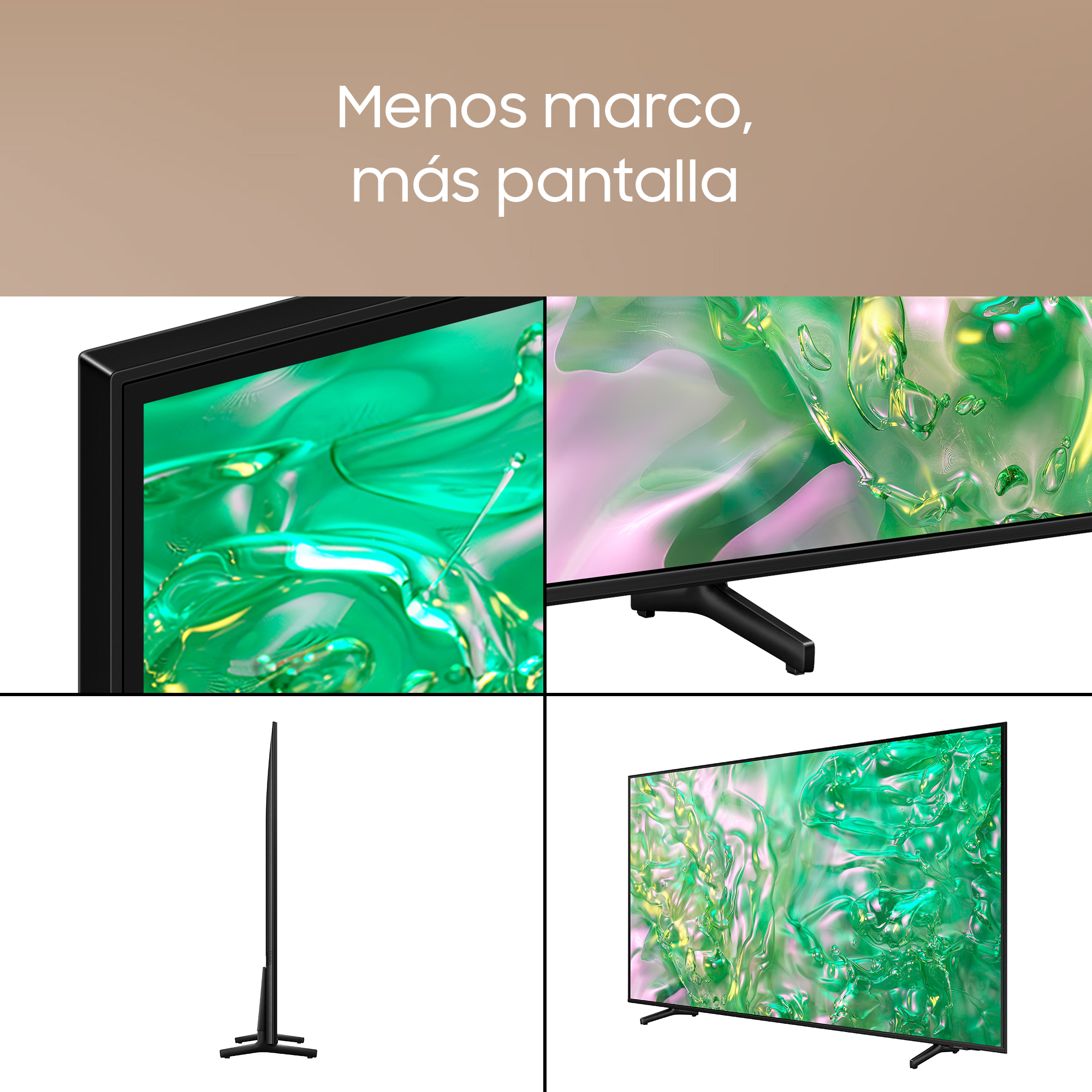 Una pantalla de TV mostrando primeros planos del borde y las esquinas de la pantalla, mostrando el diseño mínimo del marco.