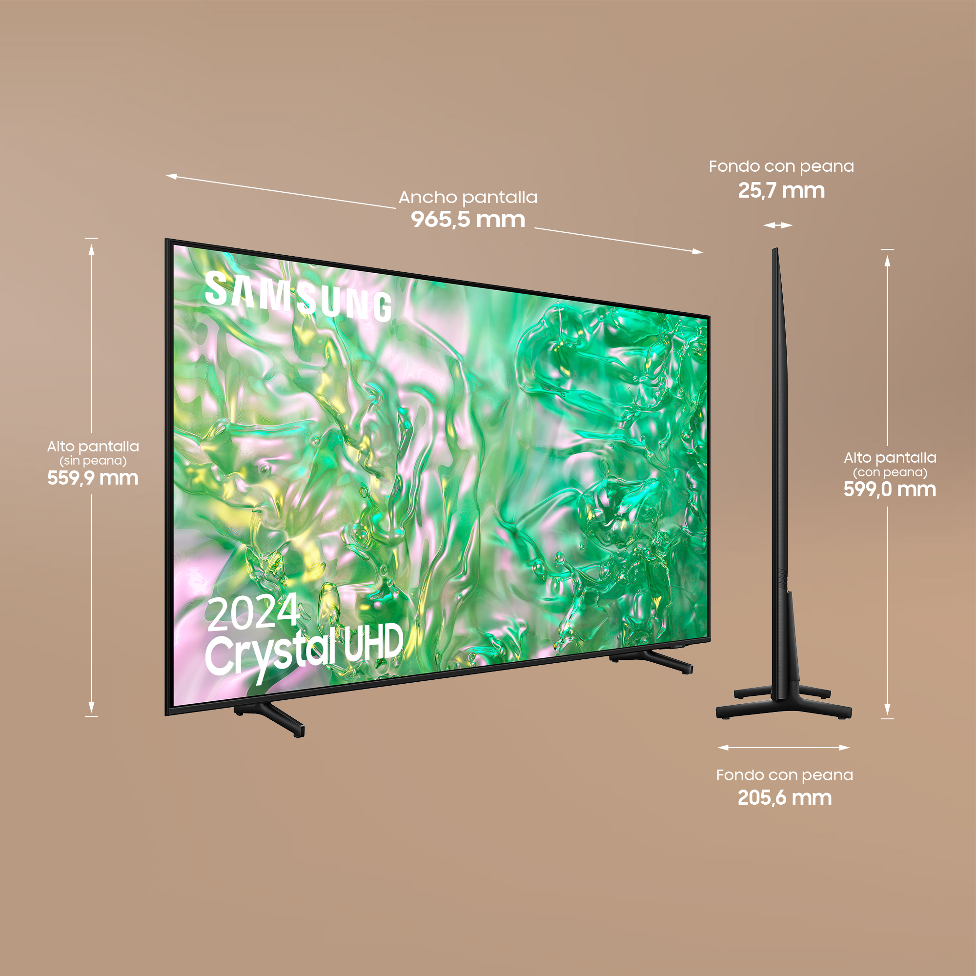 Un televisor con dimensiones etiquetadas, incluyendo altura, ancho y profundidad, y una vista lateral del televisor.