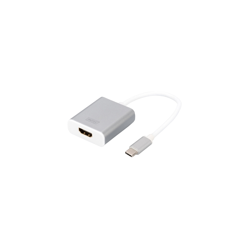 Ein silberner HDMI-zu-USB-C-Adapter mit weißem Kabel, vor schwarzem Hintergrund.
