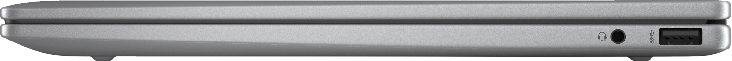 Vue latérale d'un ordinateur portable gris montrant les ports pour casque et un port USB.