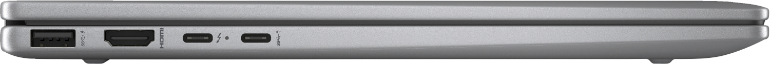Vue latérale d'un ordinateur portable argenté montrant divers ports, y compris les connecteurs USB et HDMI.