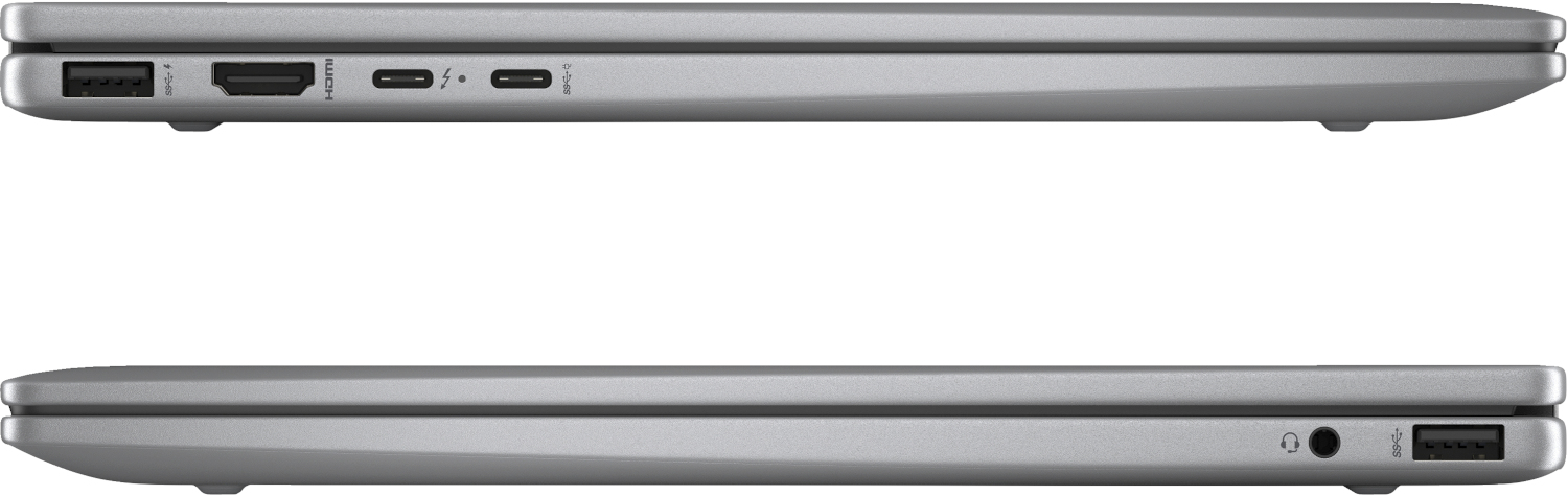 Un ordinateur portable argenté montrant les côtés avec les ports : USB, HDMI, USB-C, audio.
