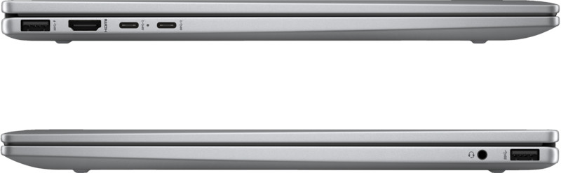Two silver laptops side by side, showing the sides. Ports and features are visible, emphasizing design and connectivity options.