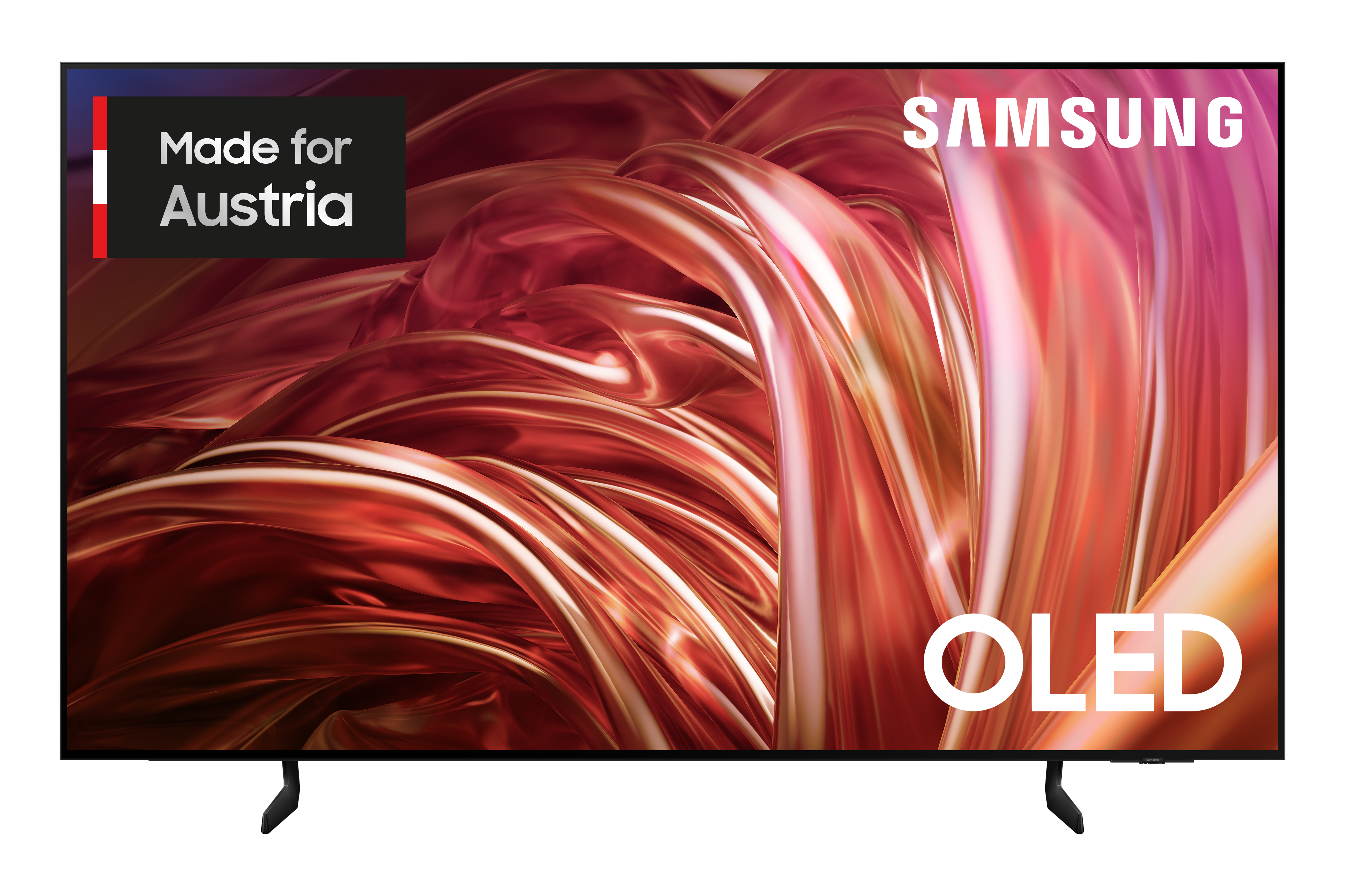 Ein Samsung OLED-Fernseher mit schwarzem Bildschirm, ein rot-weißes 'Made for Austria' Logo.