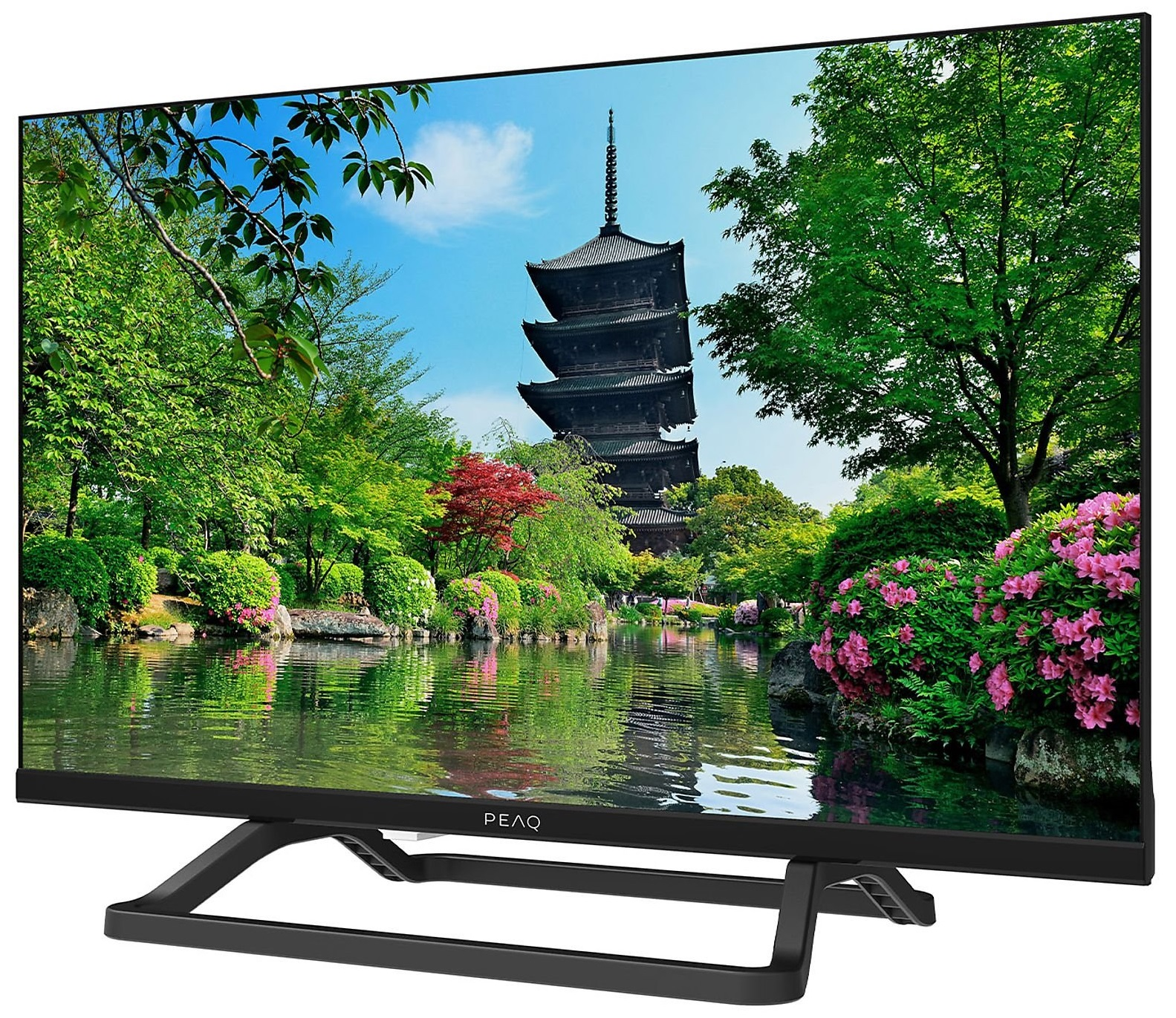 Telewizor wyświetlający malowniczy widok japońskiej pagody i jeziora z drzewami i roślinami.