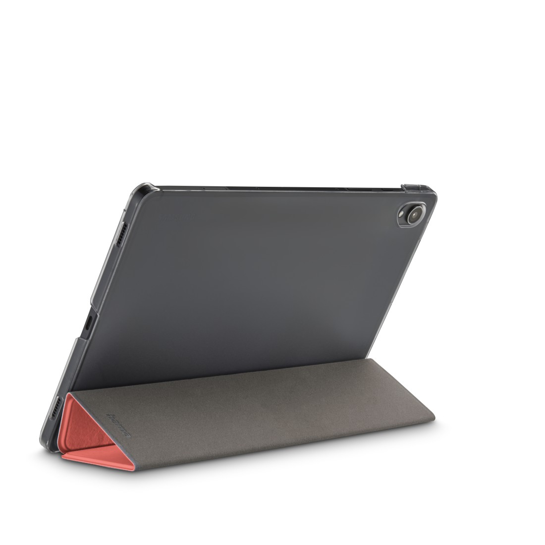 Tablet in Hülle, aufgestellt. Die Hülle ist grau mit einer rot-orangen Lasche.