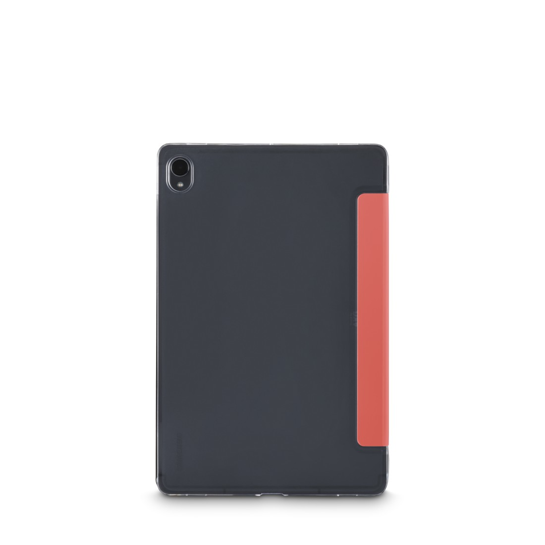 Ein dunkelgraues Tablet mit einer orangefarbenen Abdeckung auf der rechten Seite. Rückkamera sichtbar.