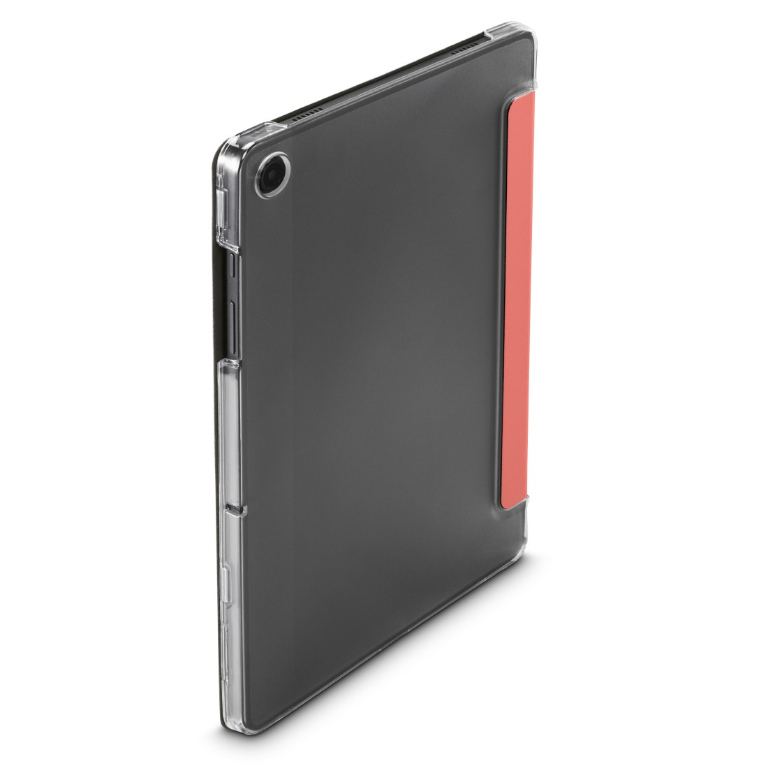 Ein dunkelgraues Tablet in einer transparenten Hülle mit einem roten Streifen an der Seite.