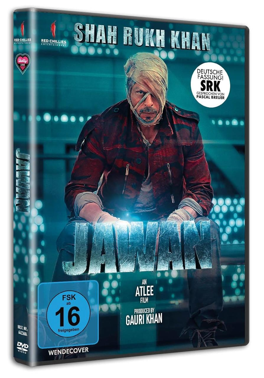 DVD-Cover mit Shah Rukh Khan, roter Jacke und dem Titel 'JAWAN'.