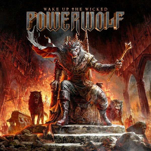 Powerwolf album borító. Farkas-szerű figura trónon, farkasok és tűz veszik körül.