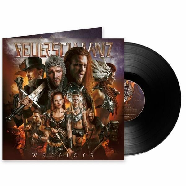 Vinil lemez, egy harcosokat ábrázoló zenekar borítójával fehér háttérrel.