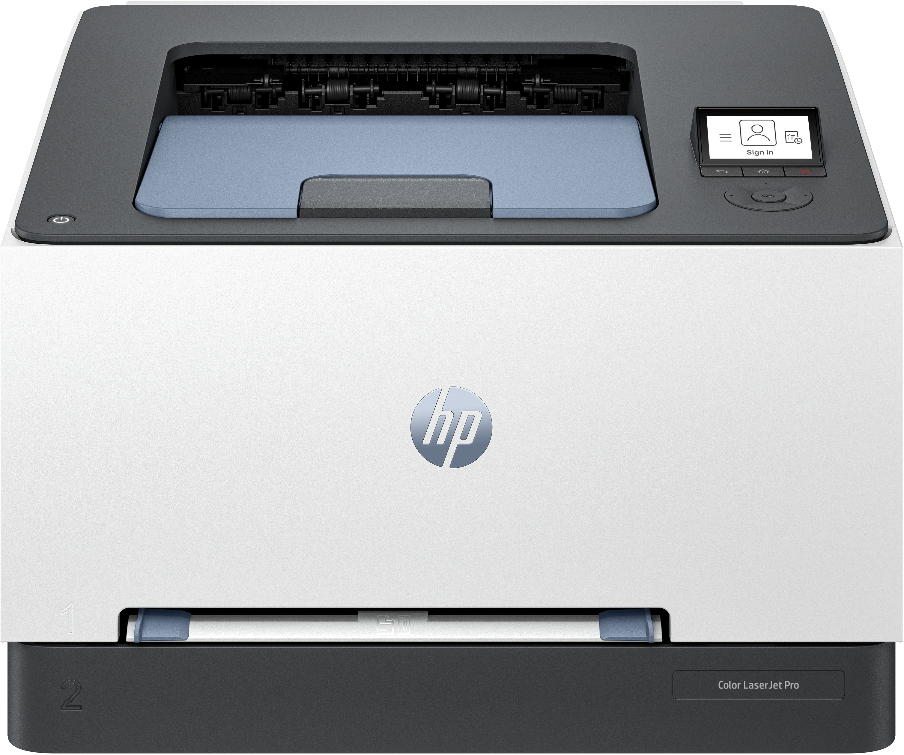 Ein weißer und grauer HP Color LaserJet Pro Drucker. Das HP-Logo ist auf der Vorderseite sichtbar.