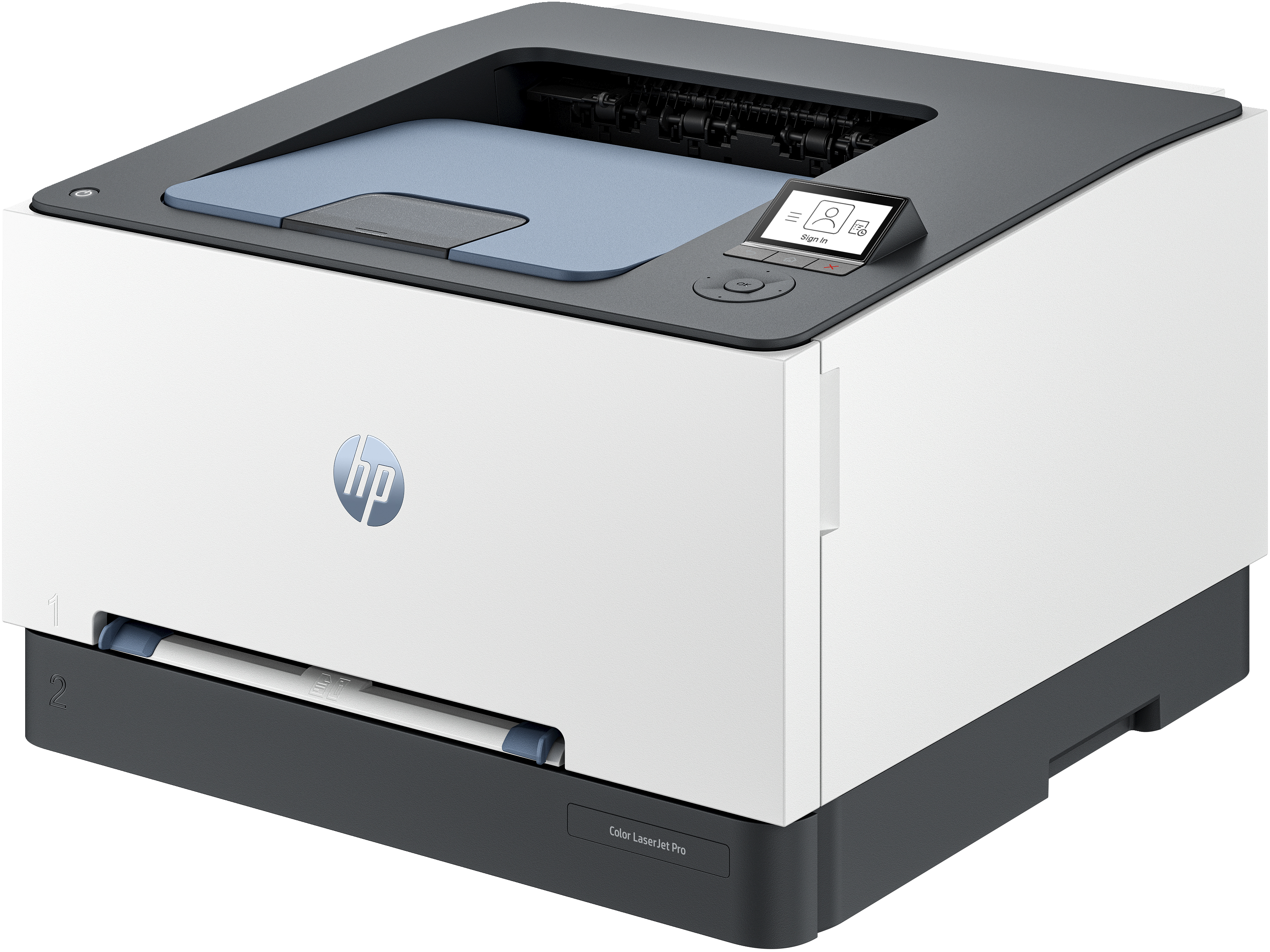 Weißer und grauer HP-Drucker. Er hat einen kleinen Bildschirm und ein Papierfach darunter.