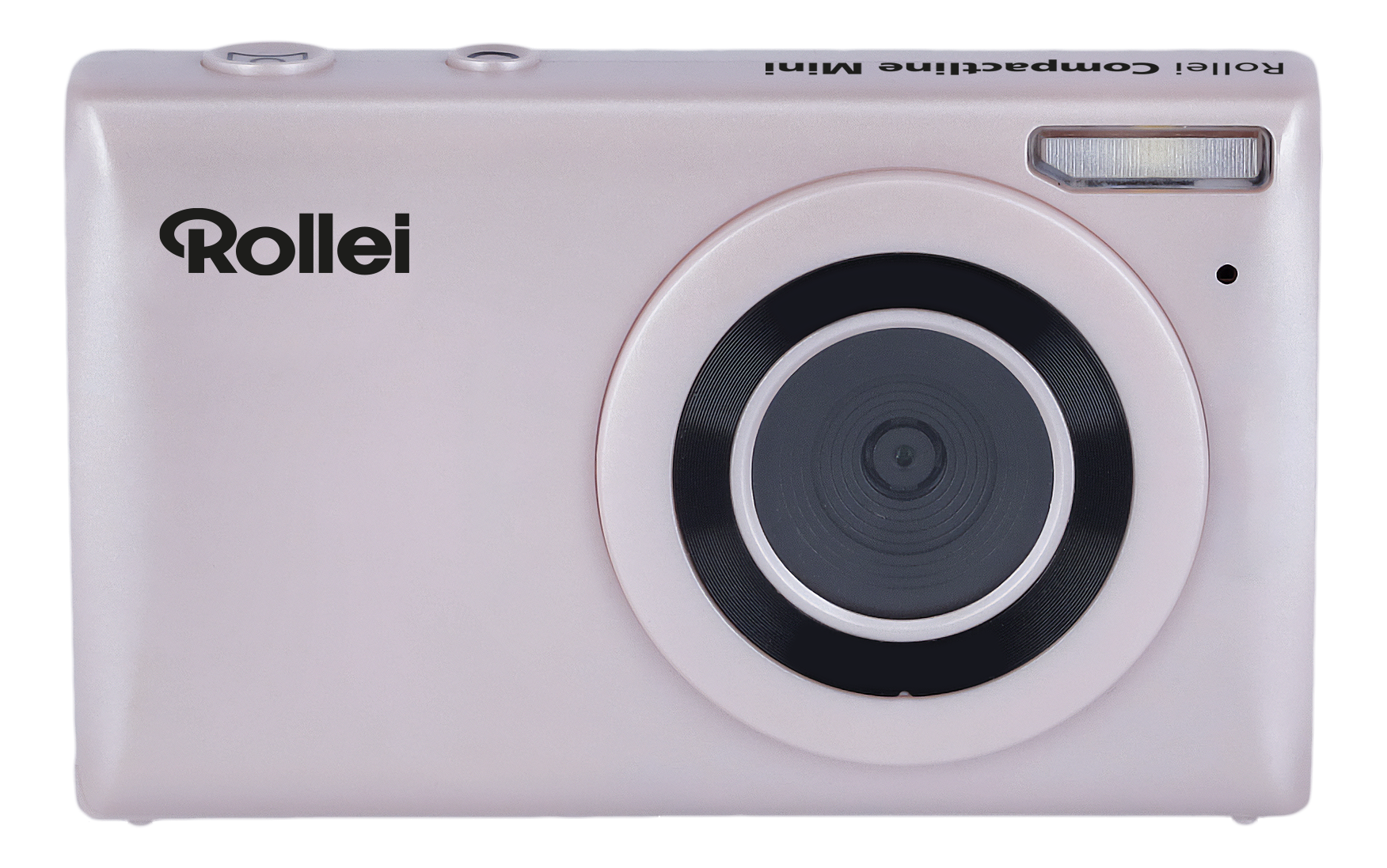 Rosa Rollei-Kamera mit schwarzem Objektiv. Der Name Rollei steht links.