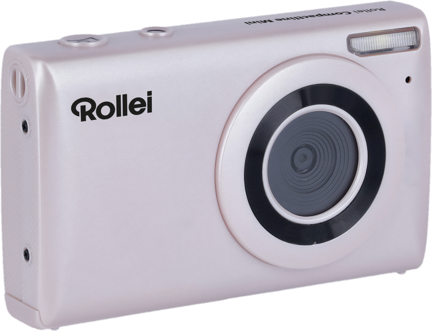 Rosa Rollei-Kamera. Vorderansicht. Hat ein Objektiv und einen Blitz. Der Markenname ist sichtbar.