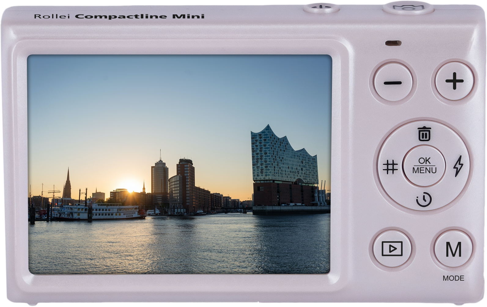 Eine weiße Rollei Compactline Mini Kamera, die ein Stadtbild auf ihrem Bildschirm zeigt.
