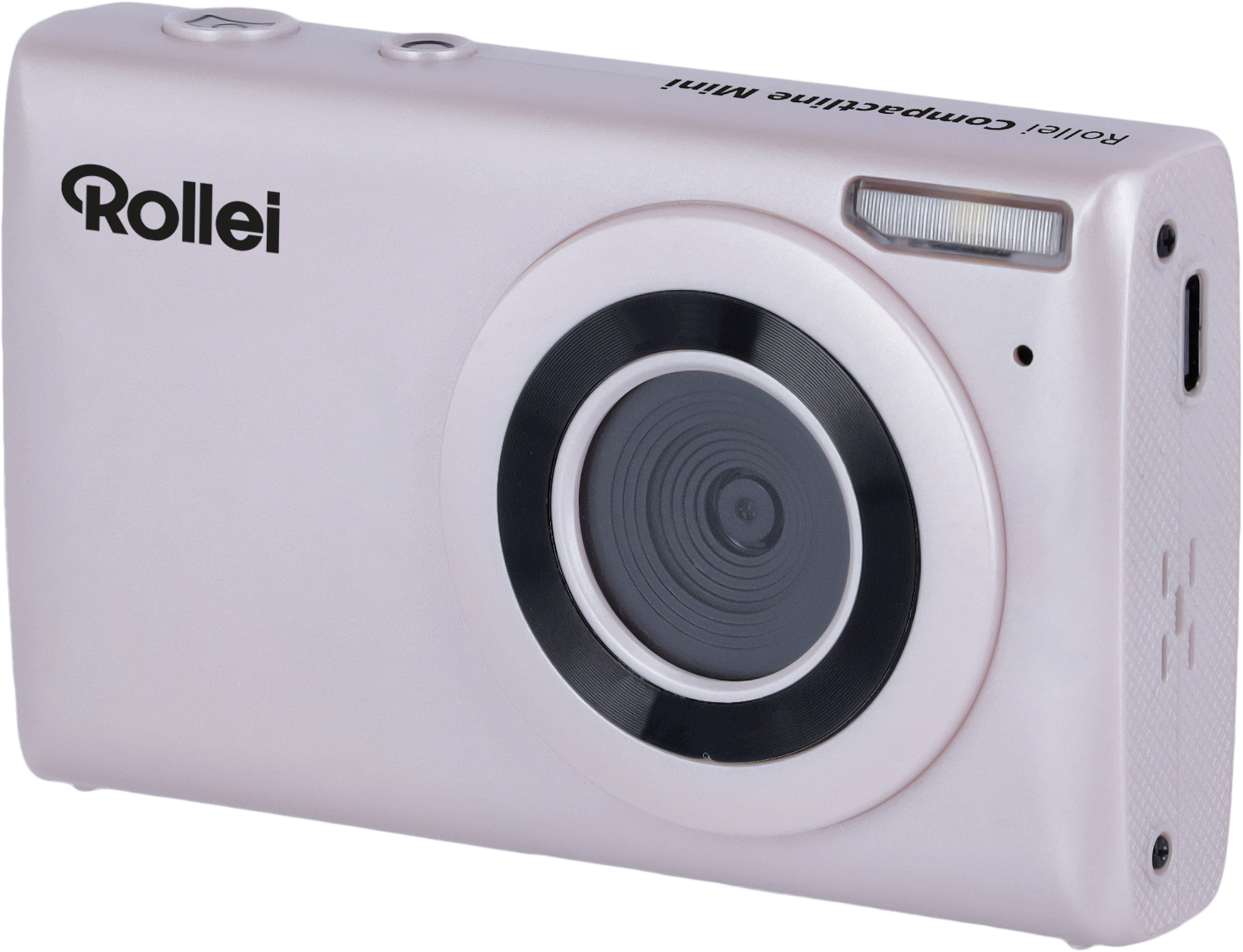 Eine weiße Rollei Compactline Mini Kamera mit Objektiv und Blitz. Der Markenname steht seitlich.