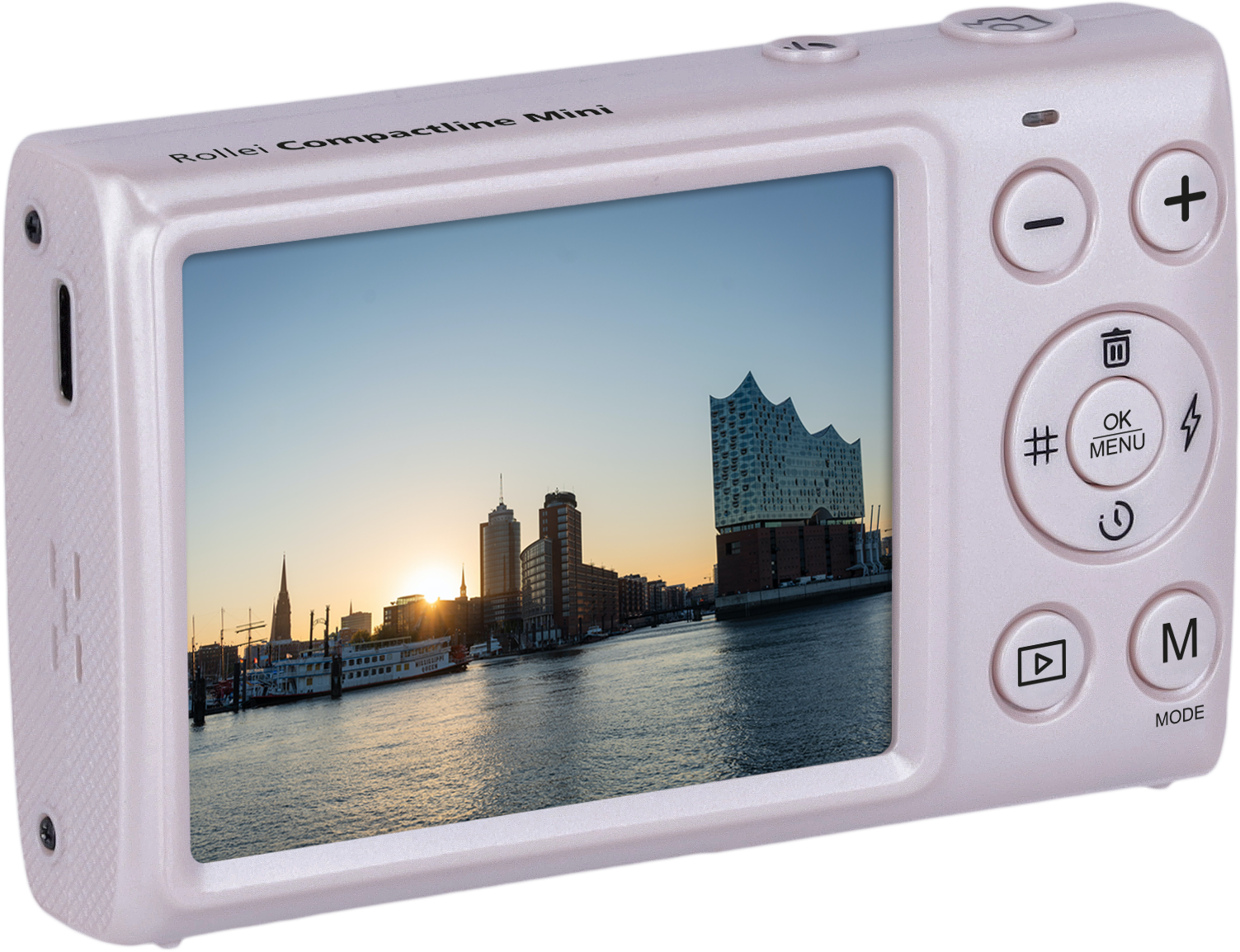 Rosa Digitalkamera, die eine Stadtszene auf ihrem Bildschirm zeigt.