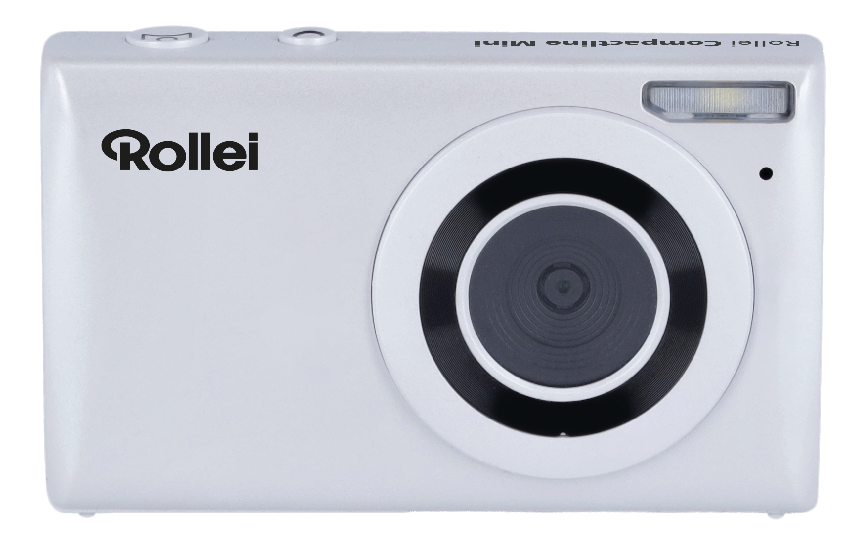 Eine weiße Rollei Kompaktkamera. Sie hat ein Objektiv, Blitz und Knöpfe. Der Hintergrund ist schwarz.