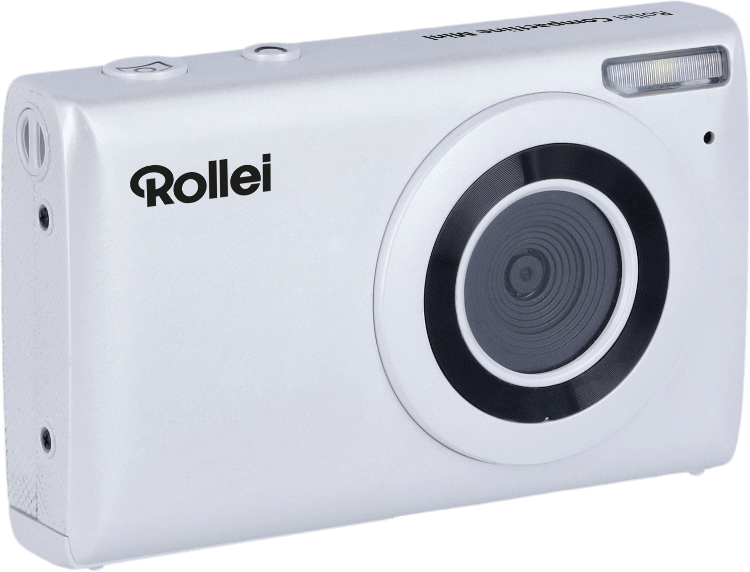 Weiße Rollei Kamera mit schwarzem Objektiv. Der Markenname ist sichtbar.