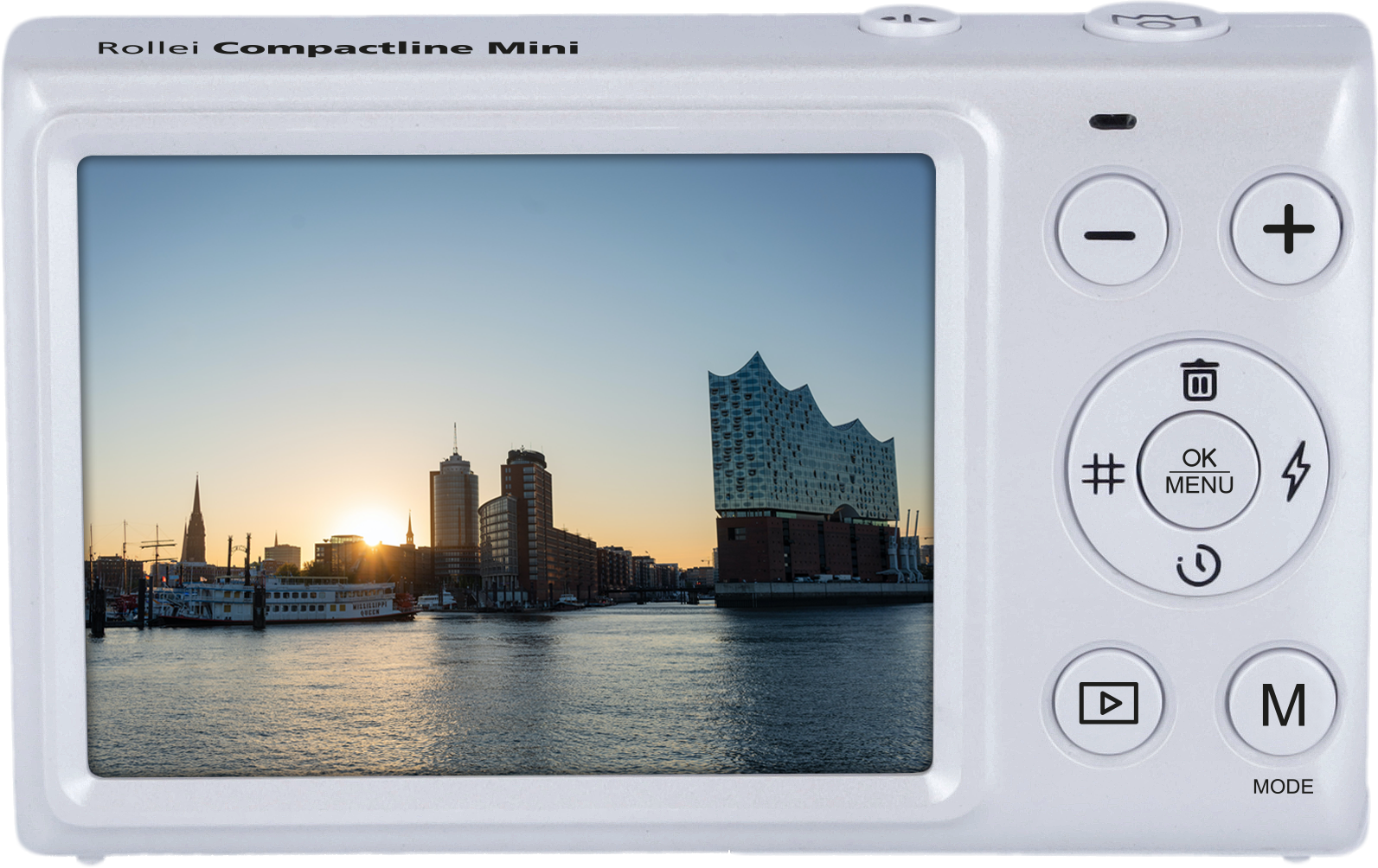 Die Rückseite einer weißen Kamera, die ein Bild der Skyline einer Stadt bei Sonnenuntergang zeigt.