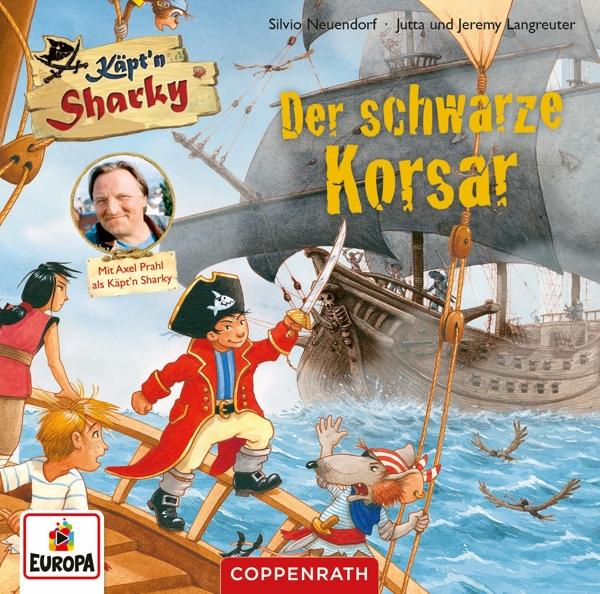 Buchcover mit Cartoon-Piraten. Ein Junge mit Schwert auf einem Schiff. Titel auf Deutsch.