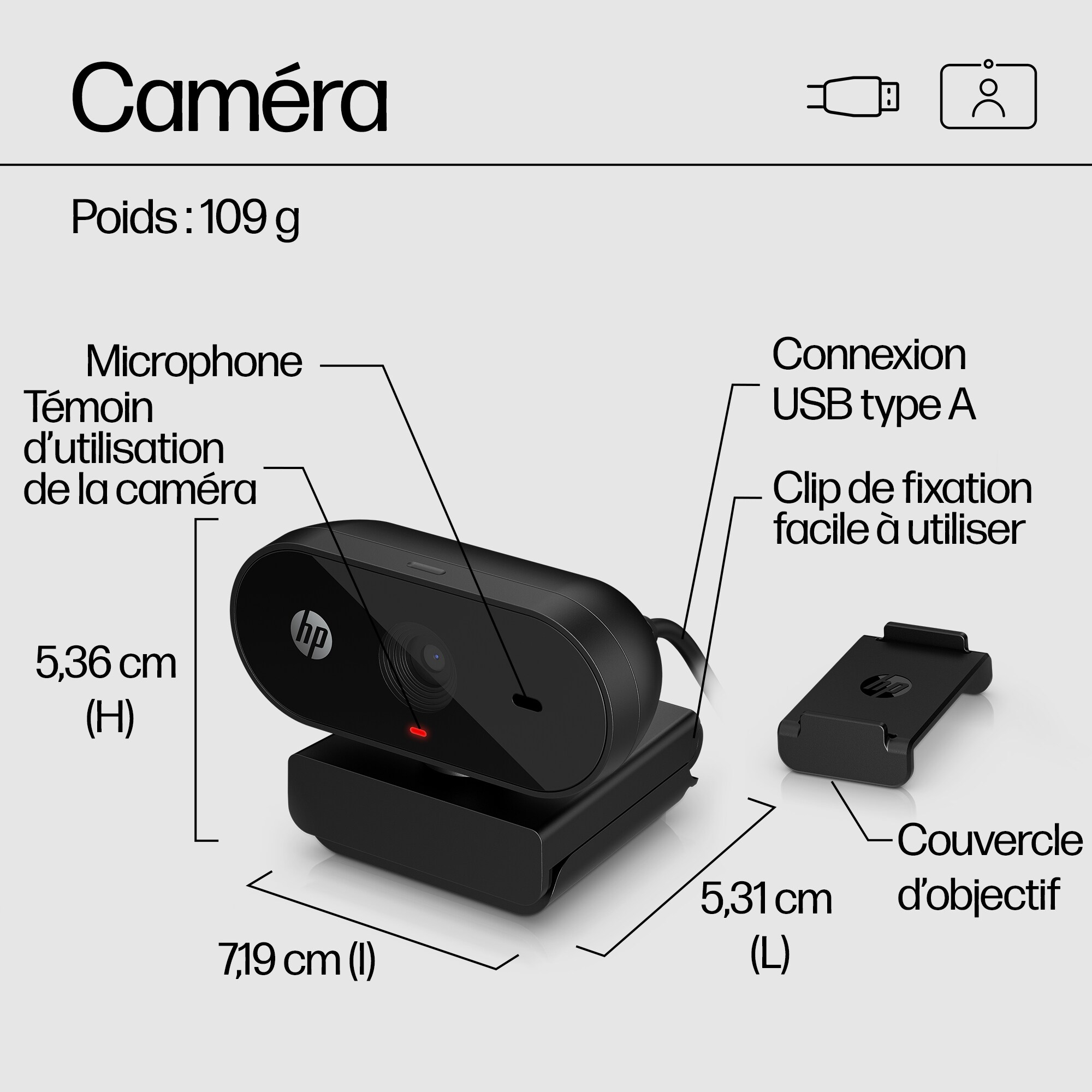 Une webcam HP noire avec les dimensions et les caractéristiques détaillées.
