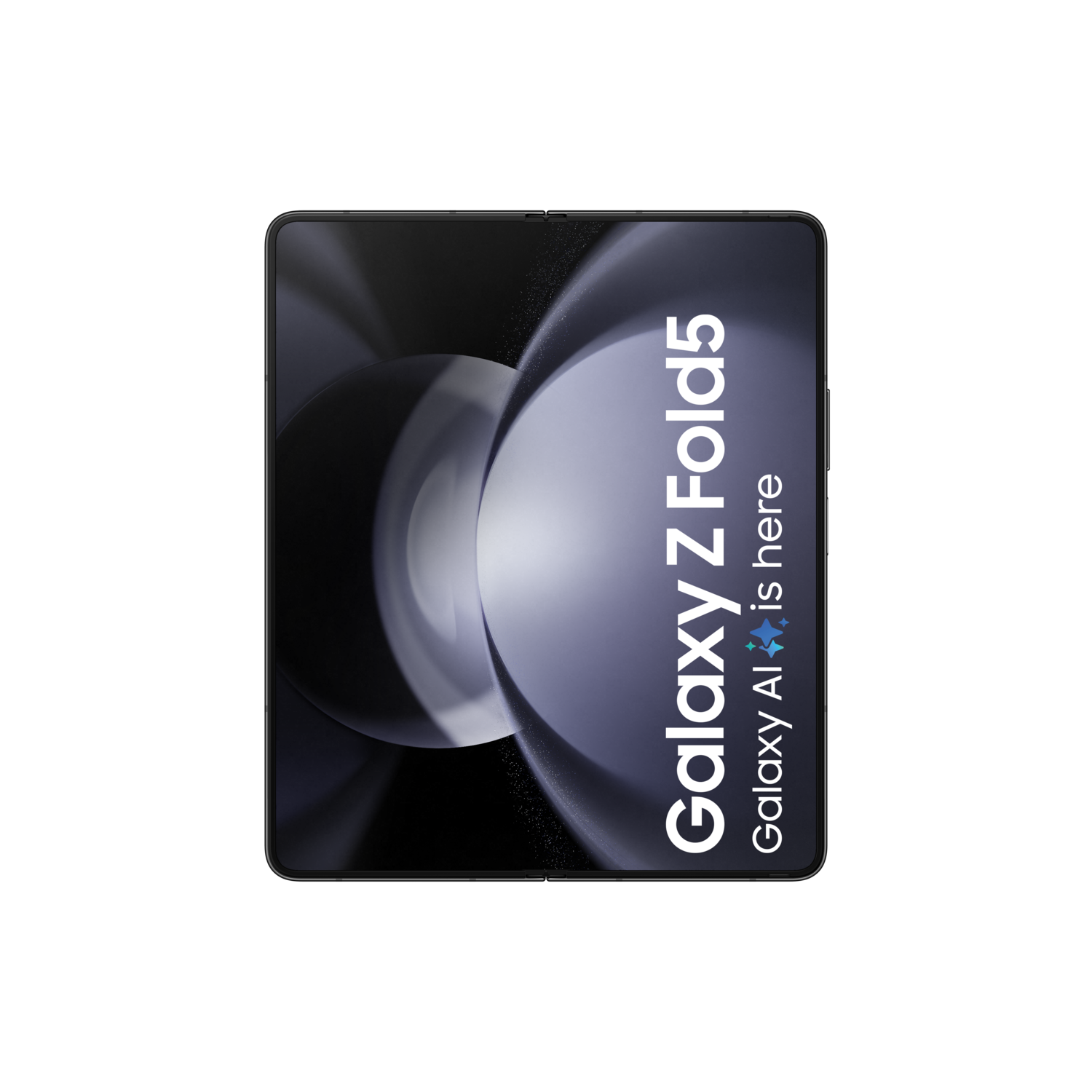 De Samsung Galaxy Z Fold5-telefoon is opgevouwen en toont het scherm met de woorden 'Galaxy Z Fold5'.