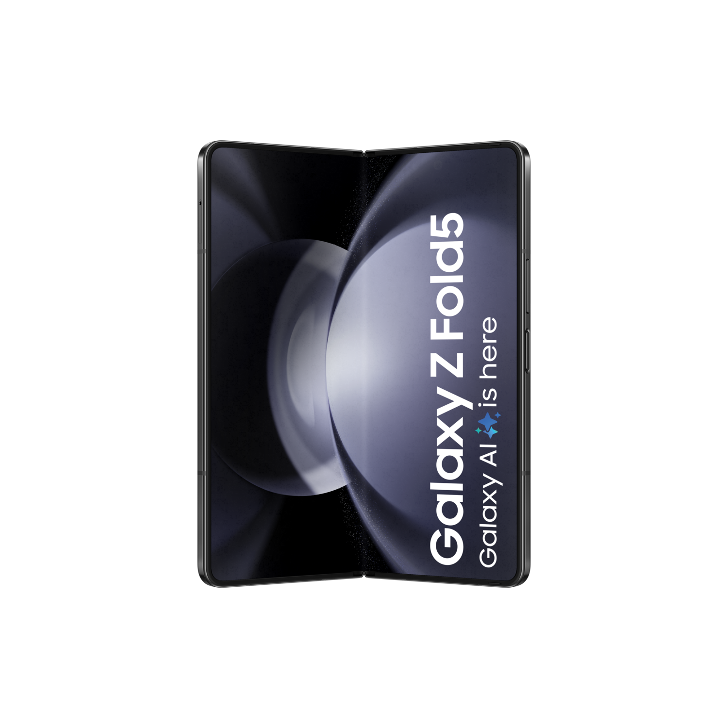 Een opgevouwen Galaxy Z Fold5 telefoon op een zwarte achtergrond. Het scherm toont 'Galaxy Z Fold5' en 'Galaxy AI is here'.