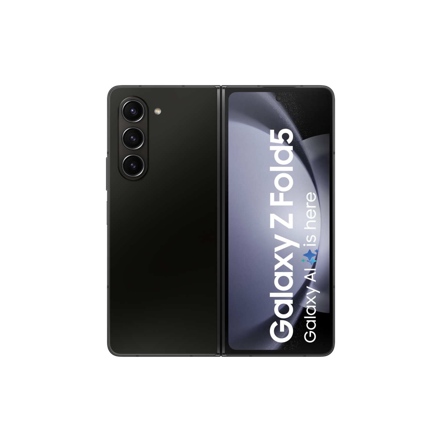Een zwarte, opvouwbare smartphone met de tekst 'Galaxy Z Fold5' op het interne scherm.