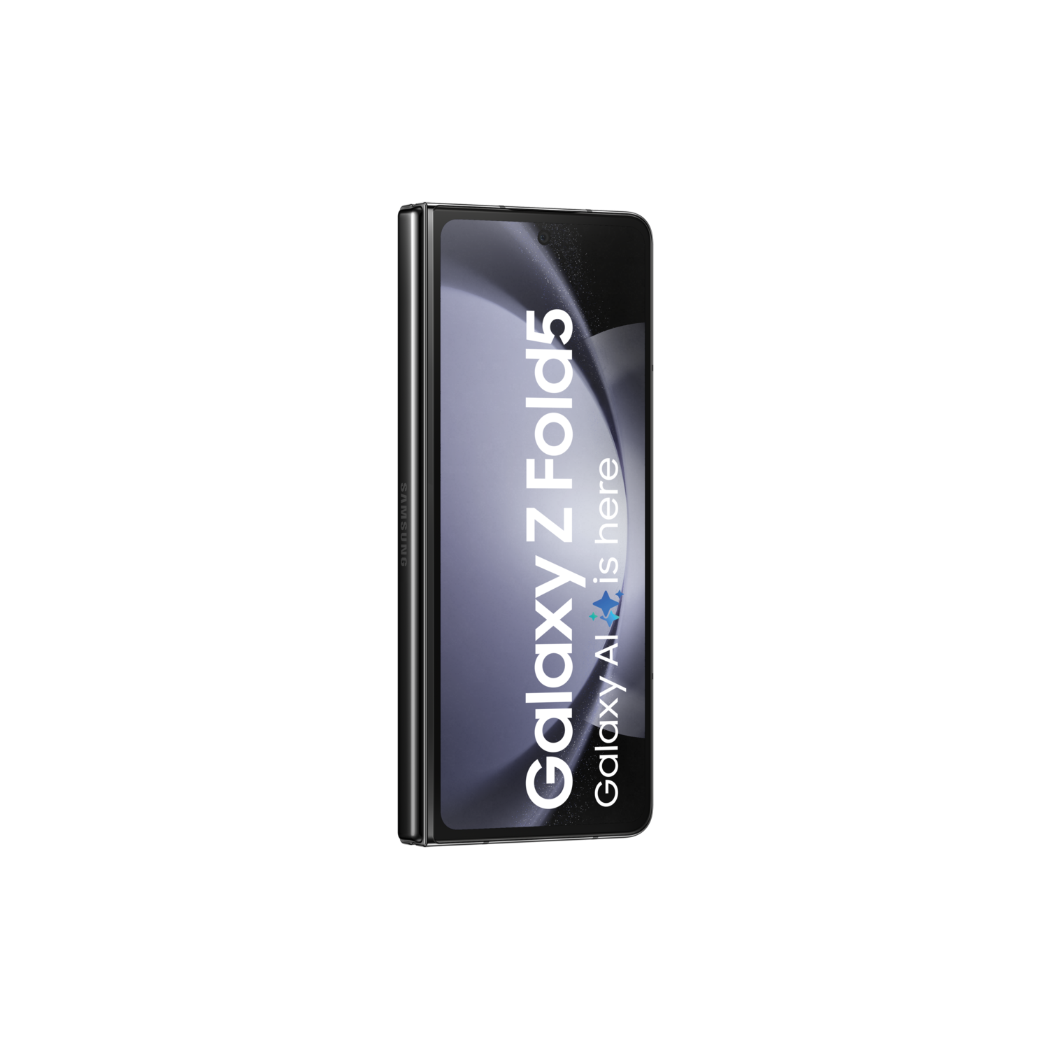 Opgevouwen zwarte telefoon met 'Galaxy Z Fold5' op het scherm tegen een zwarte achtergrond.