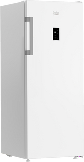 Weißer Kühlschrank mit Griff und Bedienfeld vor weißer Wand.