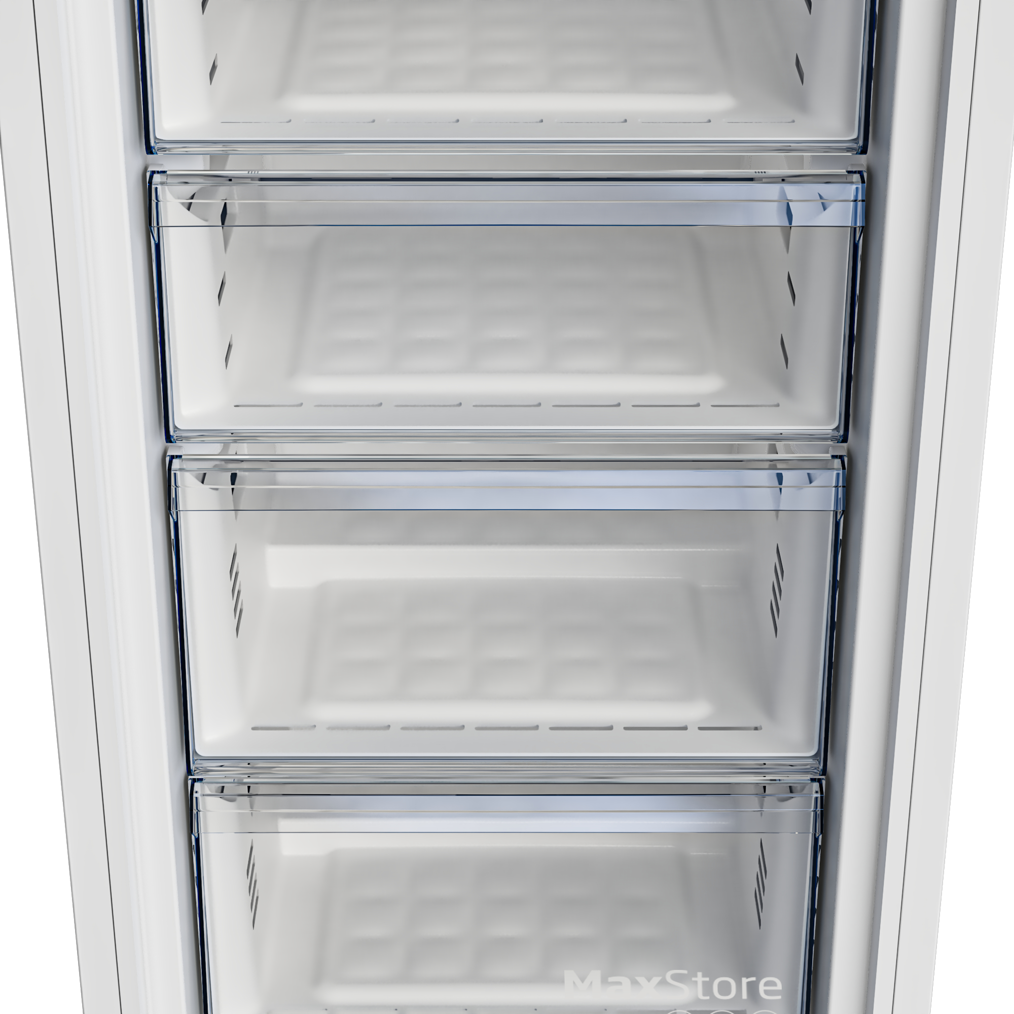 Offener Gefrierschrank mit vier transparenten Schubladen, weißer Hintergrund.