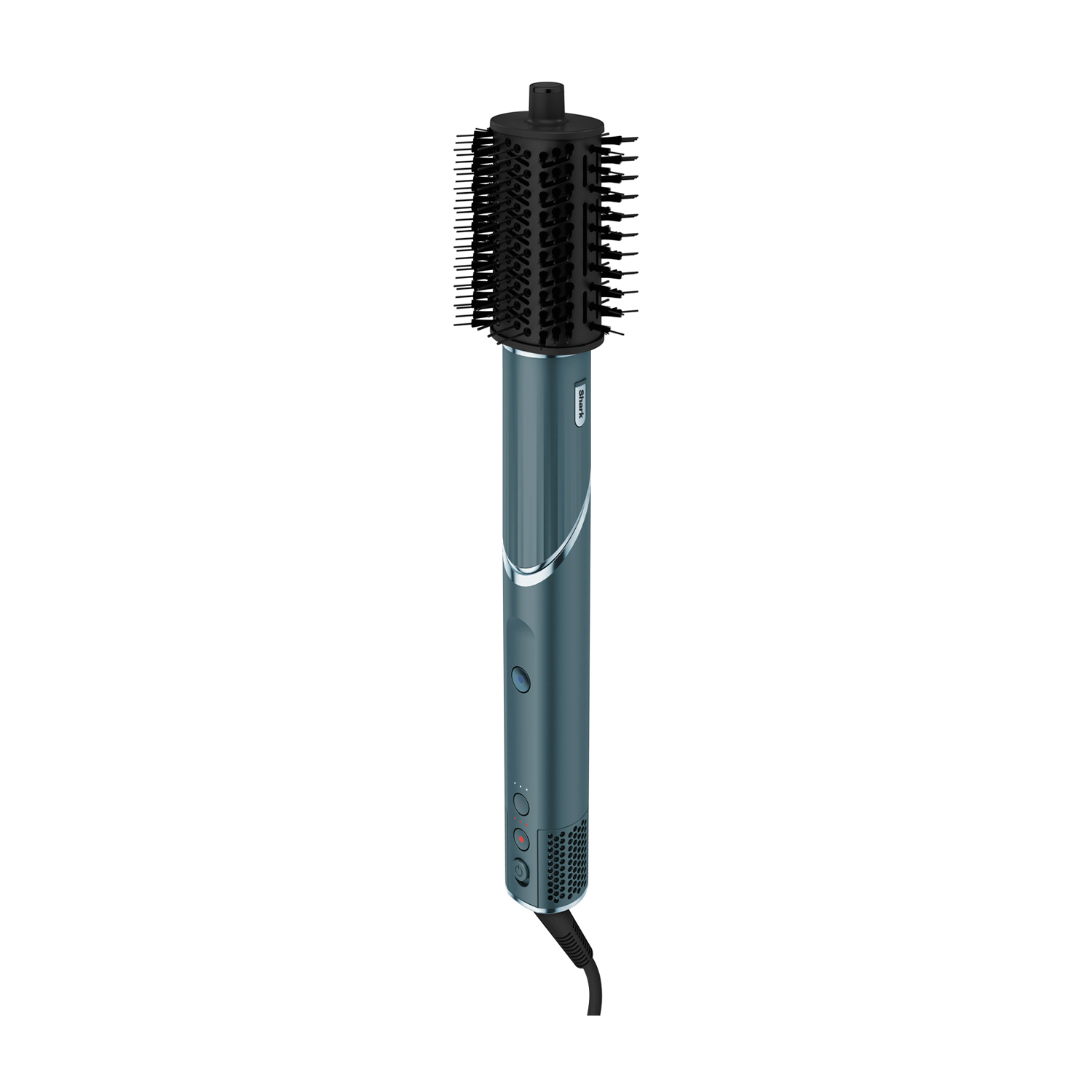 Una spazzola per capelli Shark color teal. Ha una testina cilindrica e un cavo di alimentazione nero.