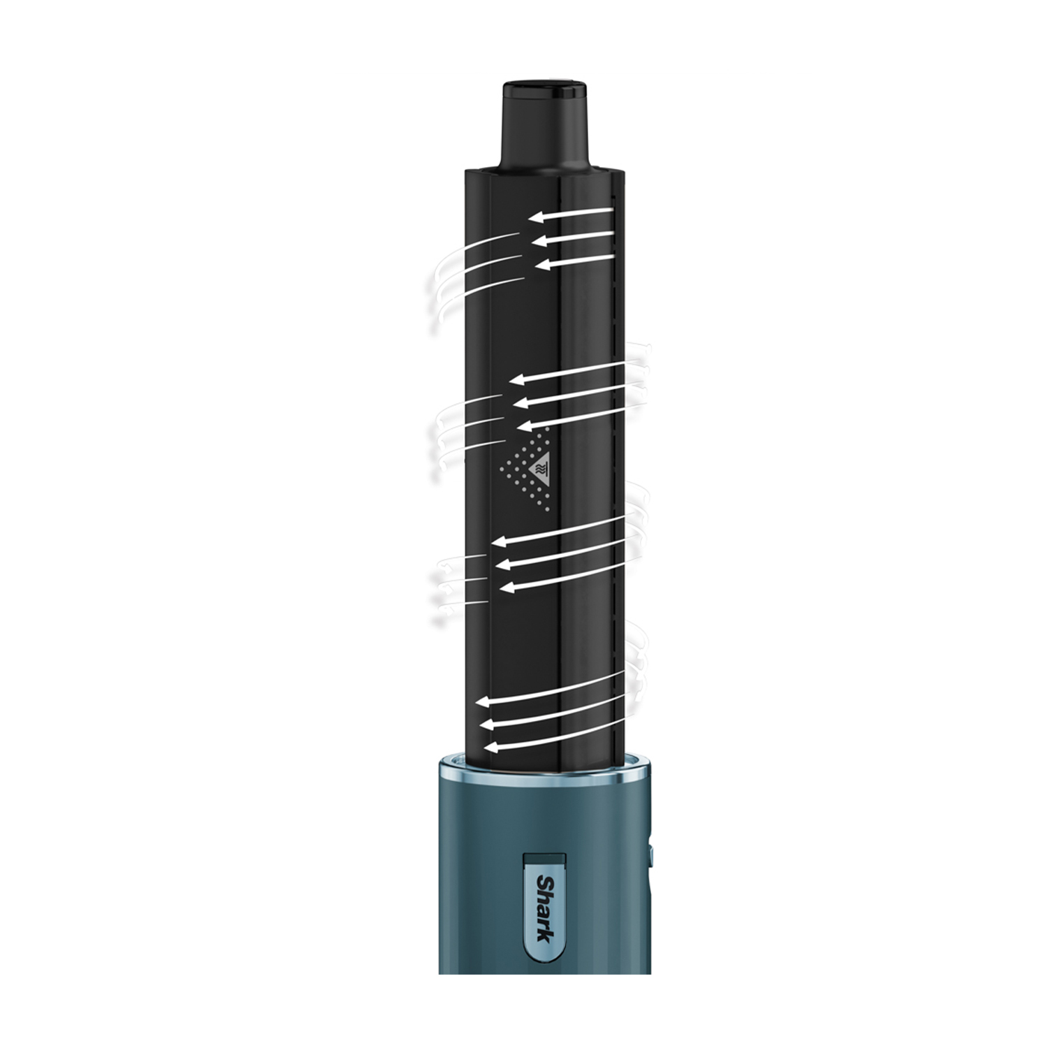 Penna vape nera con base blu, frecce bianche indicano il flusso d'aria.