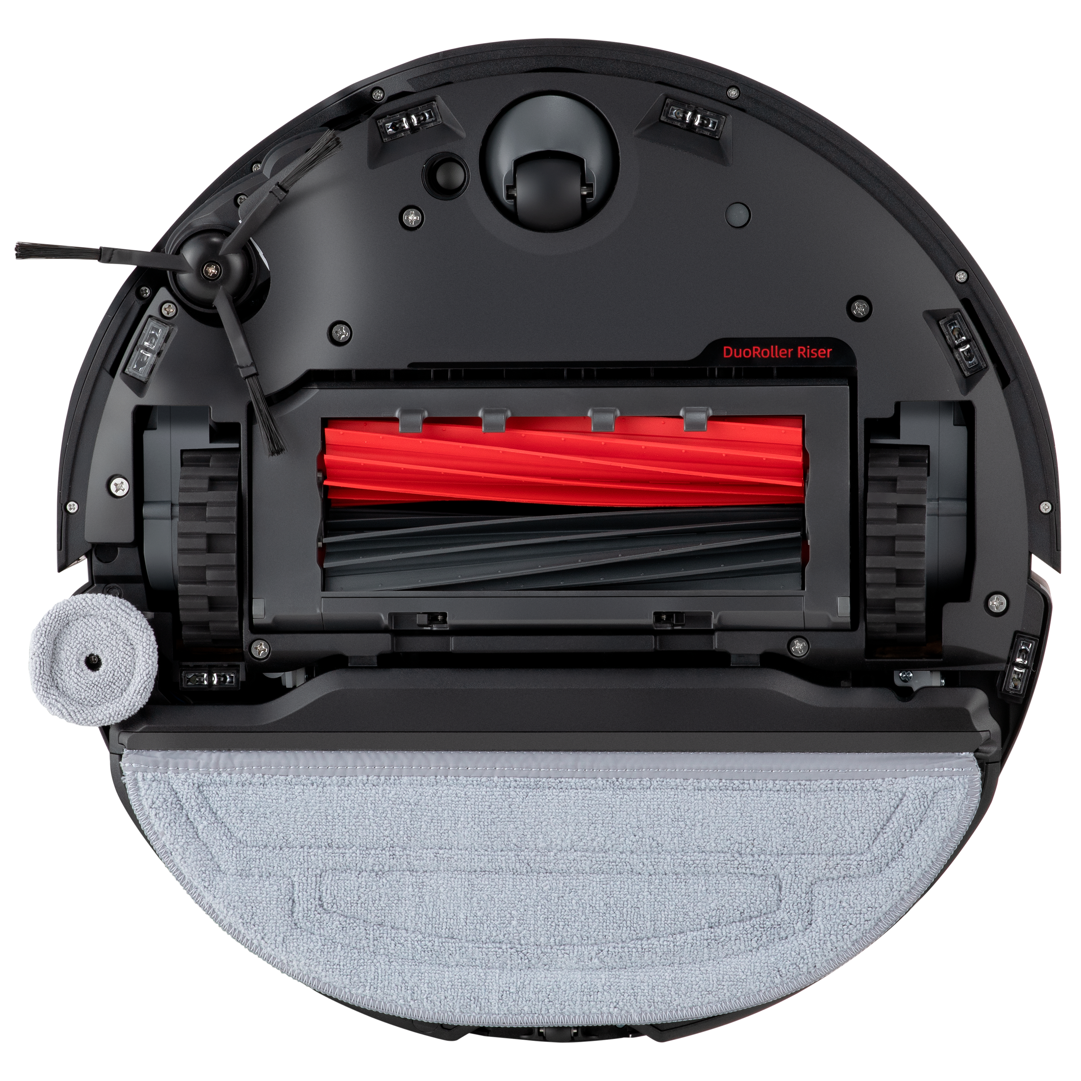 Unteransicht eines schwarzen Roboter-Staubsaugers mit roter Walzenbürste und grauem Wischer.