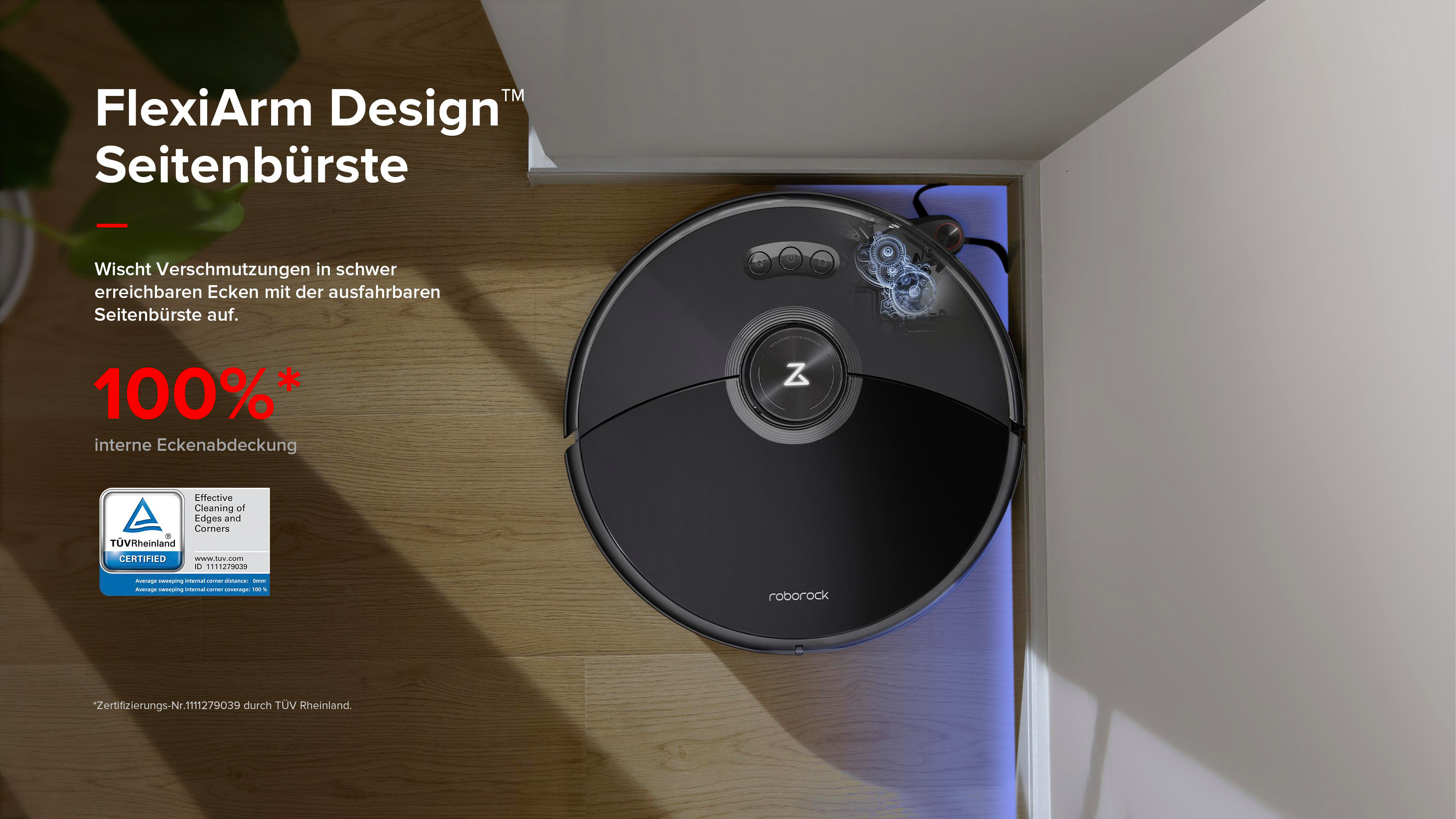 Ein Roboter-Staubsauger reinigt in einer Ecke, mit Text über das FlexiArm-Design.