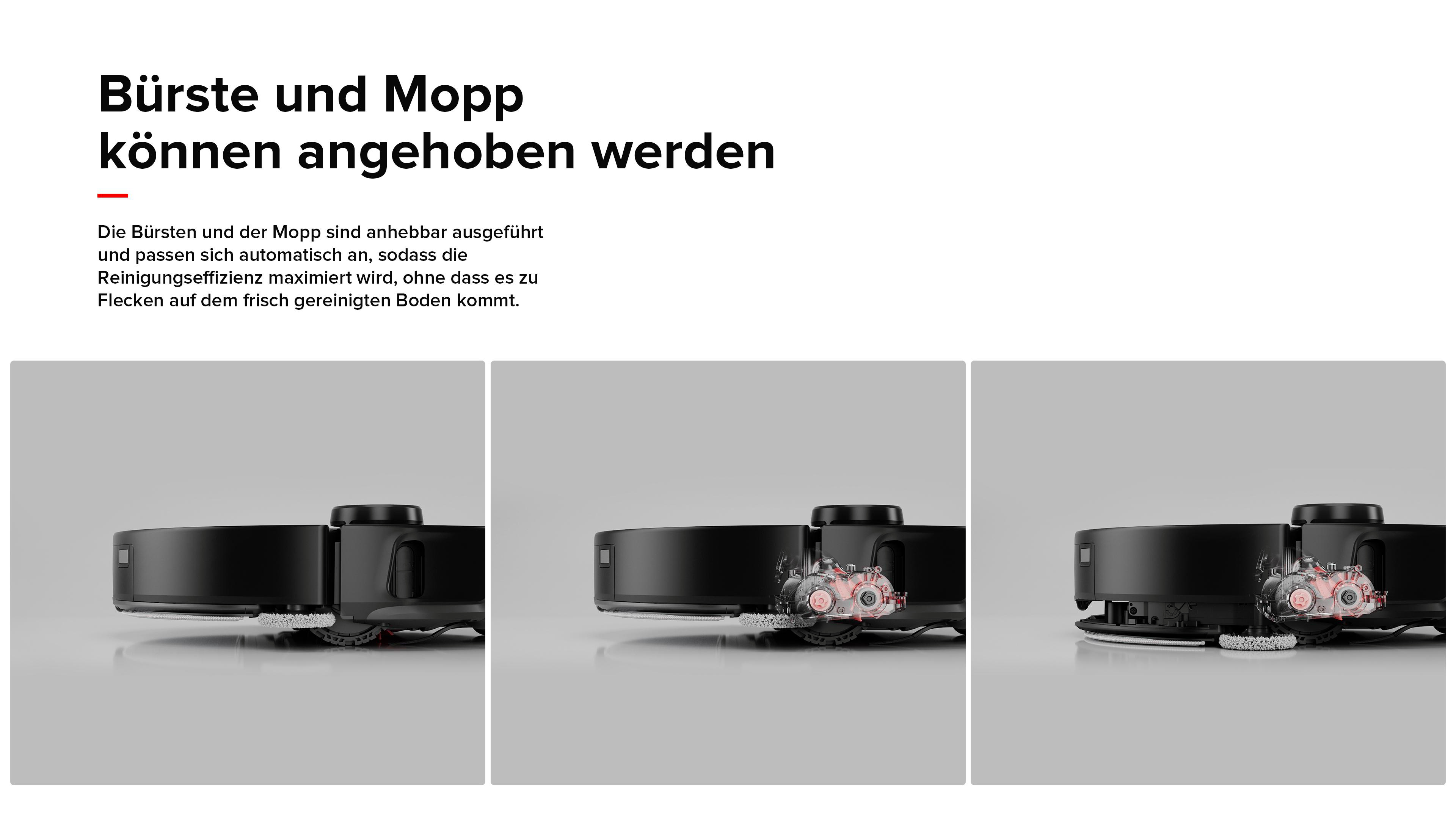 Drei Bilder eines schwarzen Roboter-Staubsaugers mit angehobenen Bürsten und Mopp in verschiedenen Stadien.