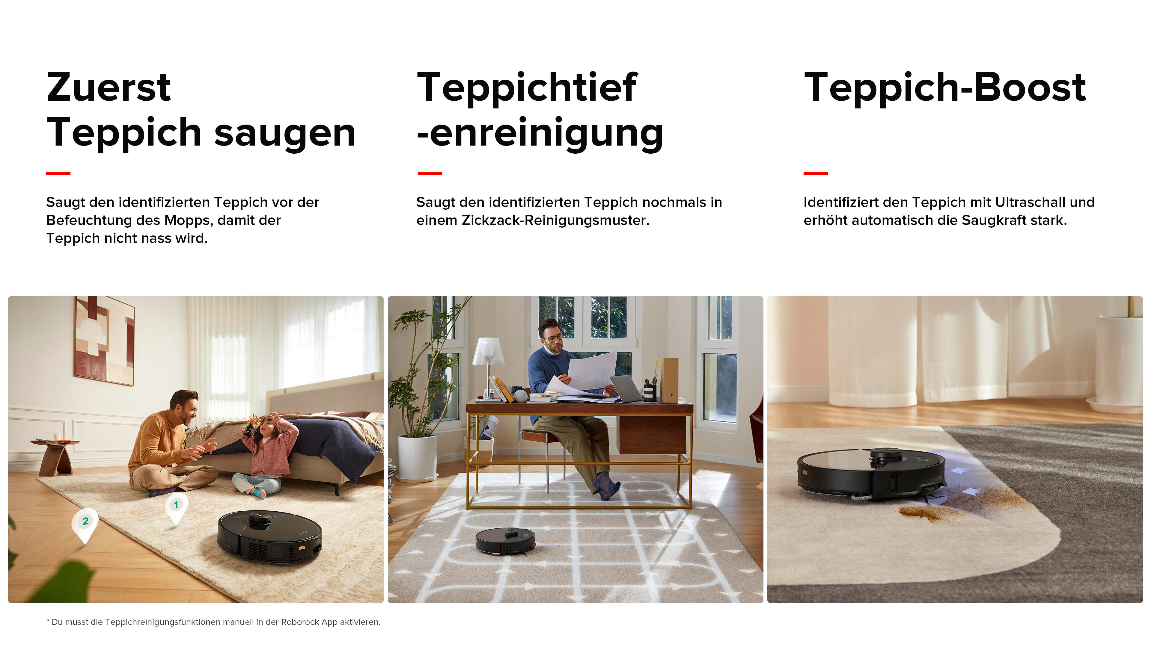 Grafik zeigt drei Schritte der Roboter-Staubsaugerreinigung: Vakuum, Tiefenreinigung und Boost, mit Menschen in jedem.