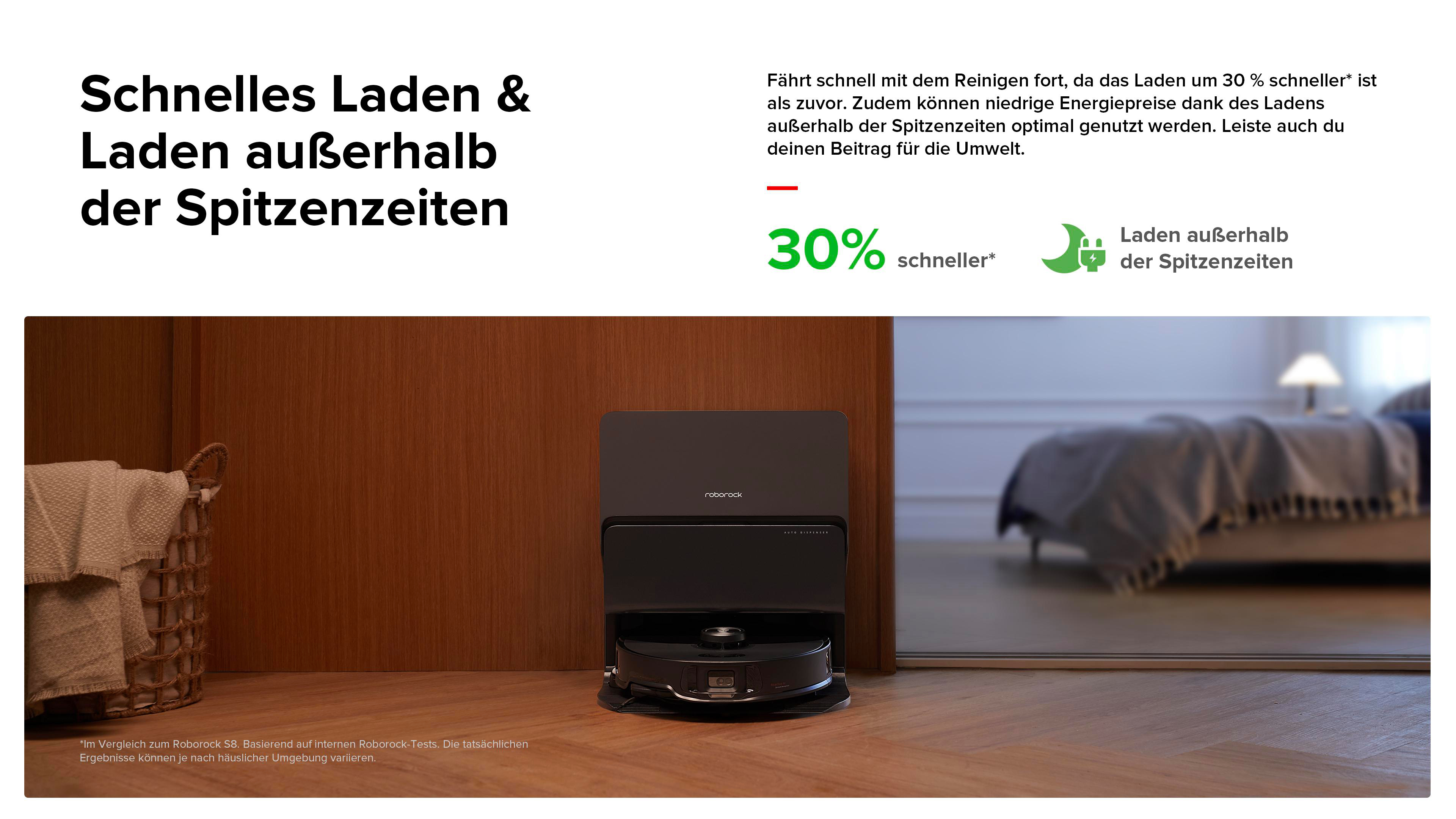 Ein Roboter-Staubsauger lädt in einem Raum. Text über schnelleres Laden zu Nebenzeiten.