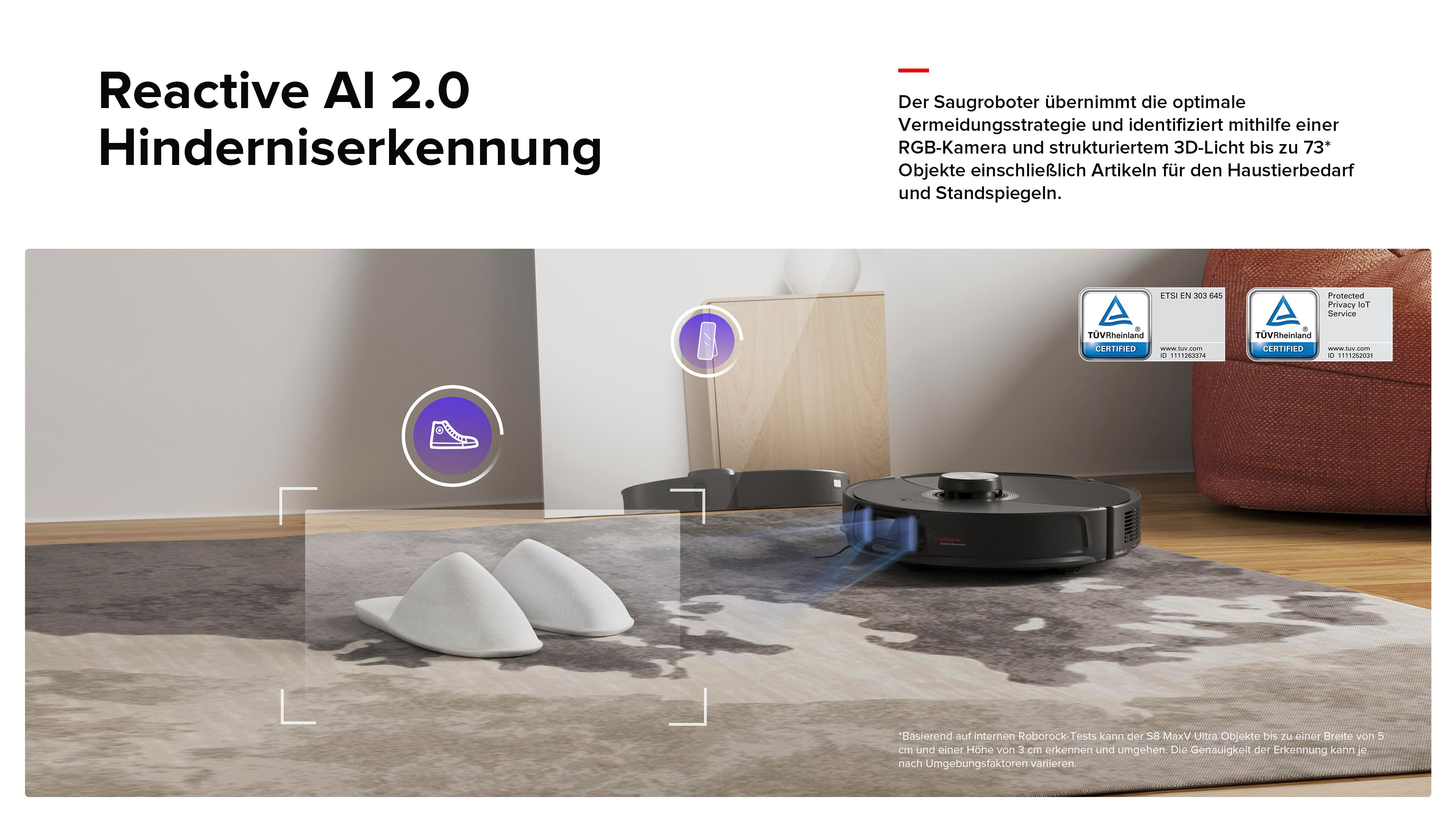 Roboter-Staubsauger auf einem Teppich, Text und Symbole zur Hindernisvermeidung.