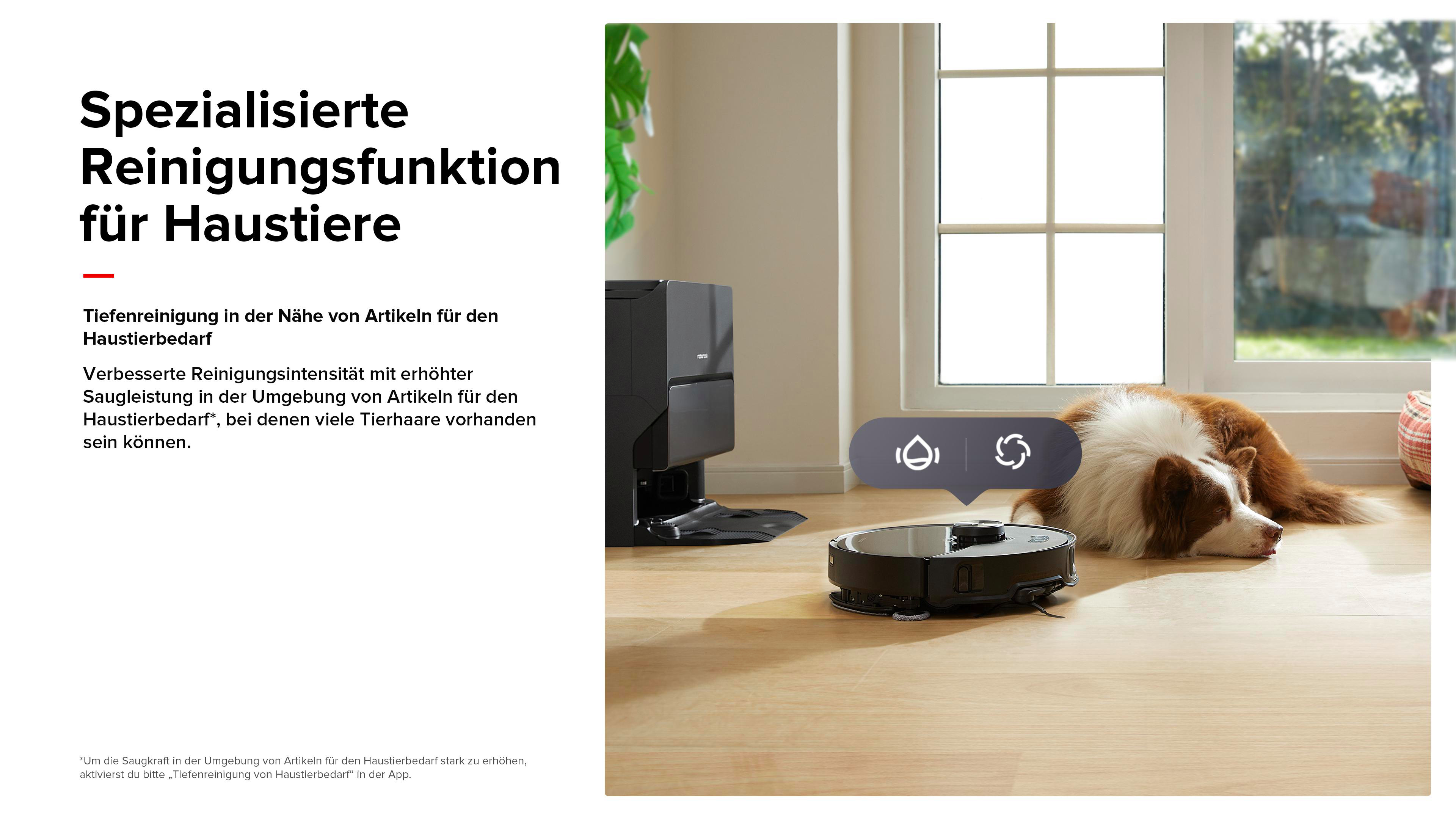 Ein Roboter-Staubsauger mit einem Hund in einem Raum.