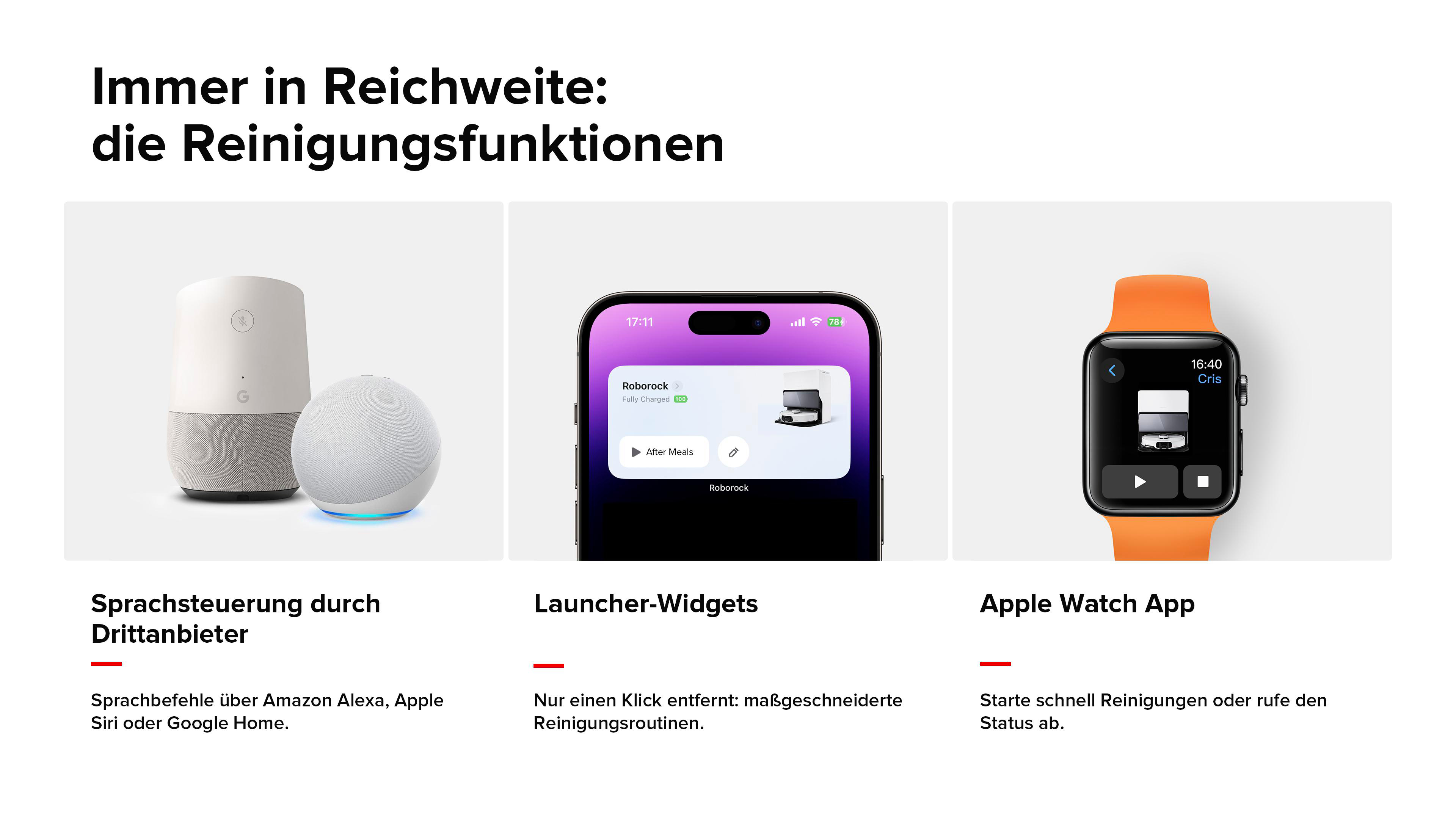 Google Home, iPhone, und Apple Watch zeigen Reinigungsfunktionen.
