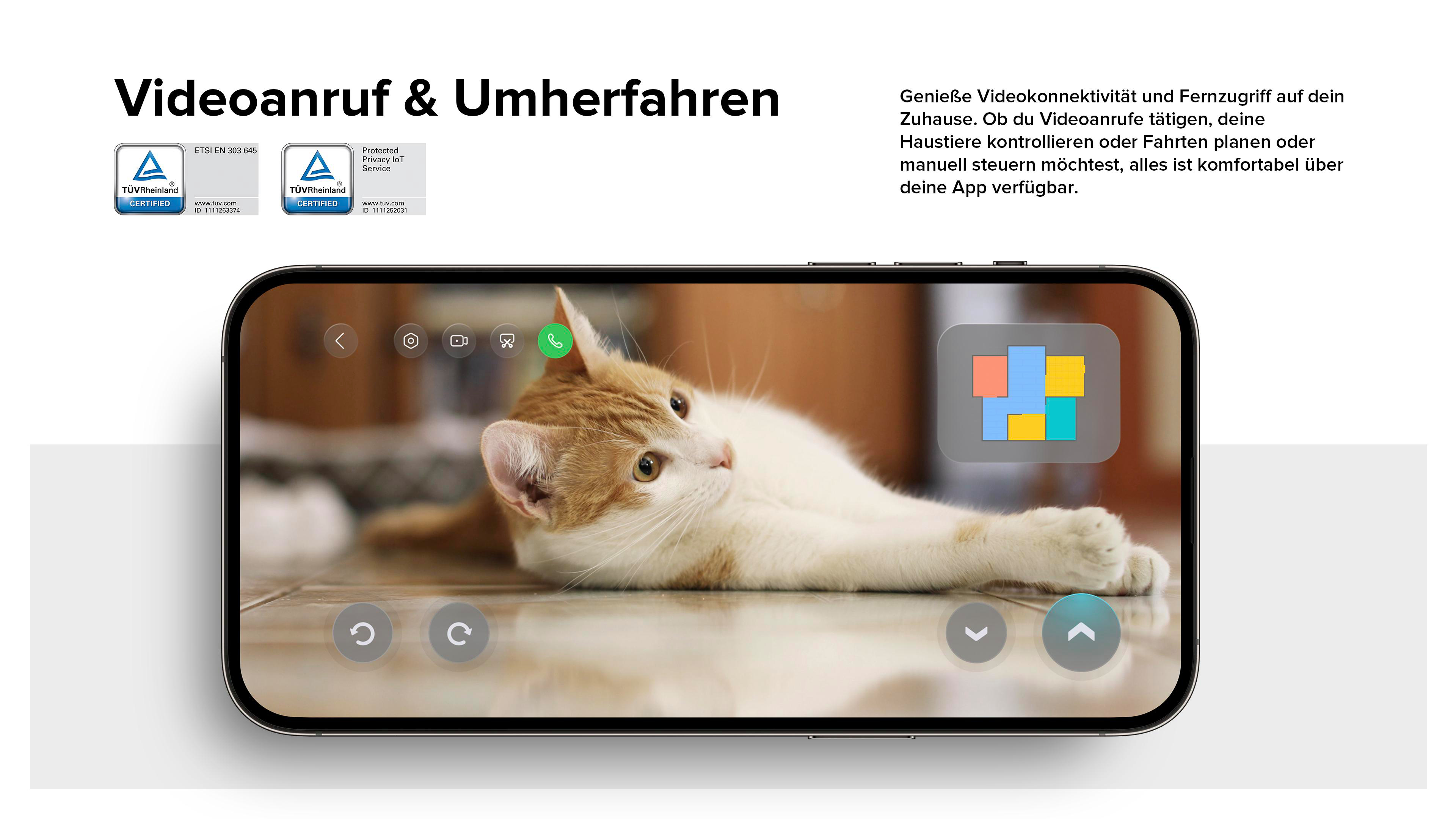 Ein orange-weiße Katze liegt auf einem Holzboden, im Vordergrund ein Smartphone-Display.